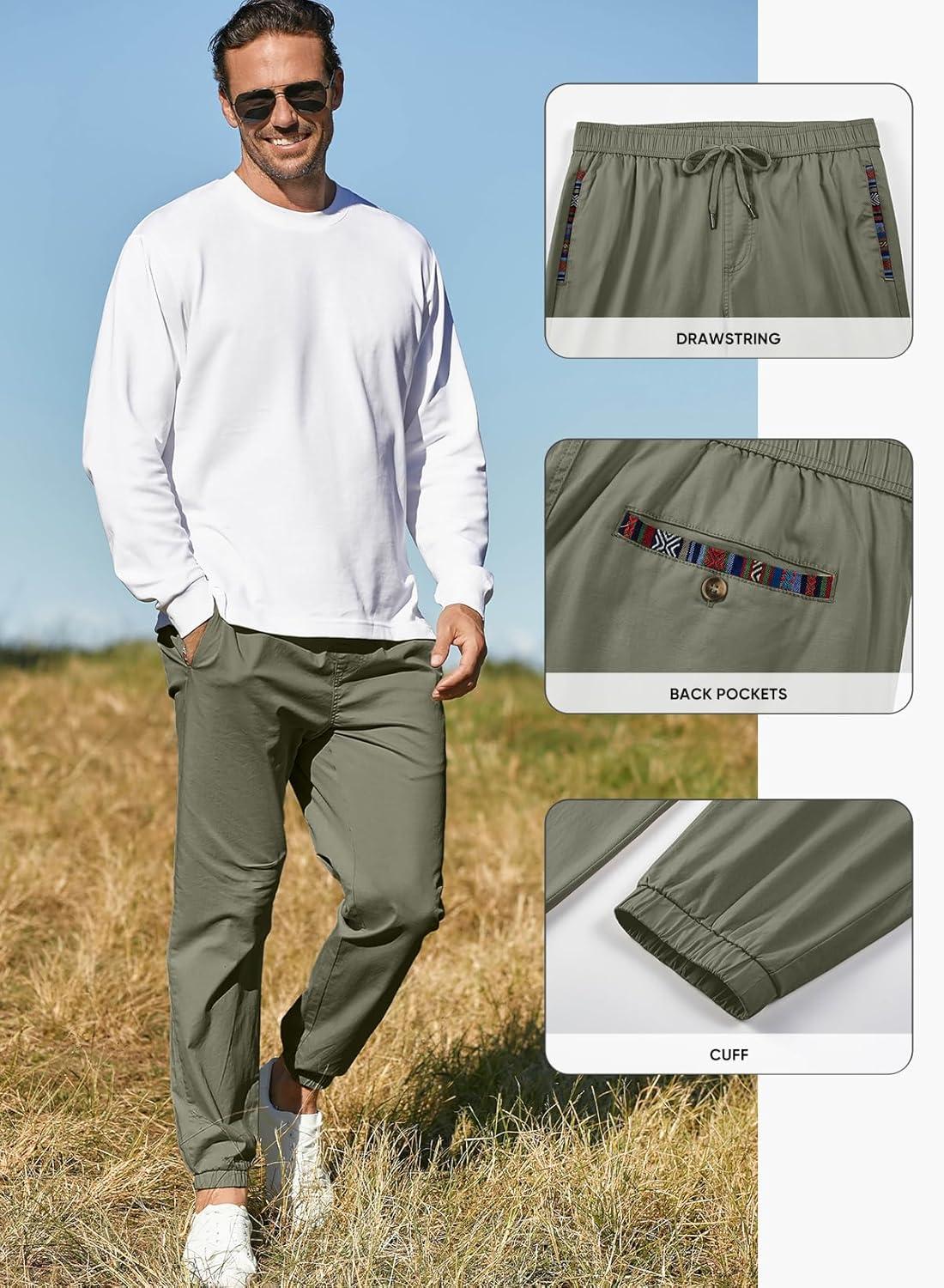 imageJMIERR Mens Casual Chino Joggers Pants Cotton Twill Elastic Drawstring Waist Tapered Pants with PocketsVineyard Green