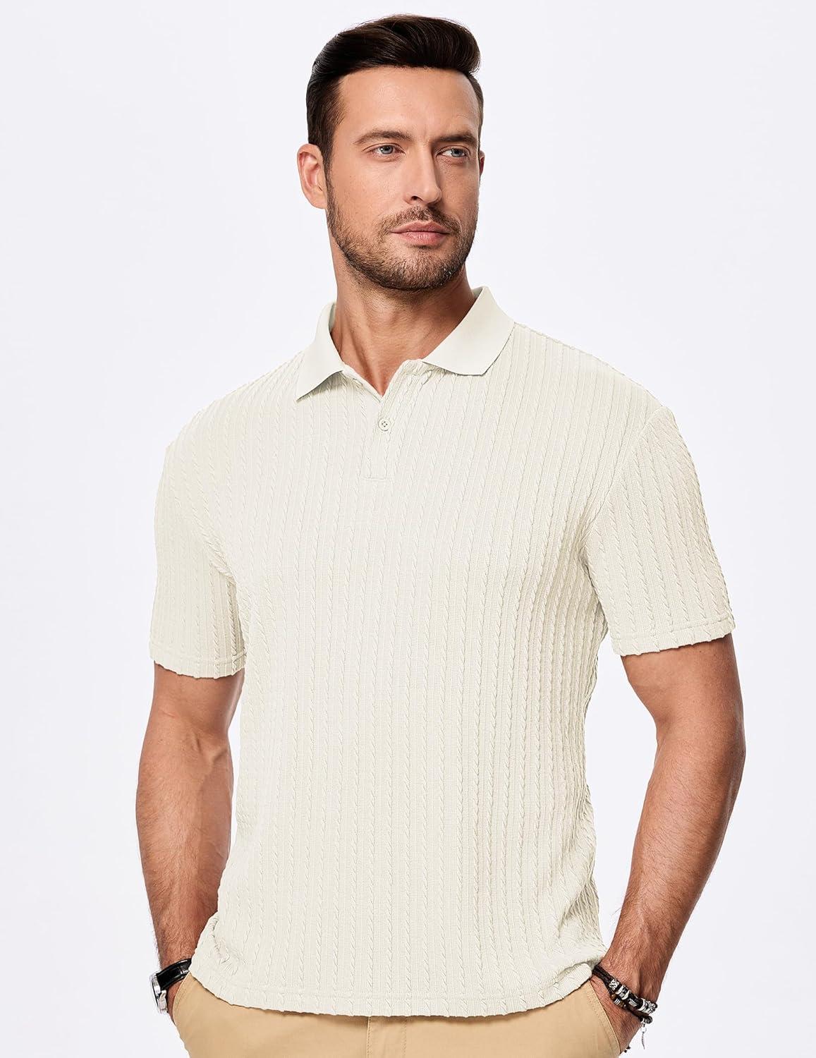 imageJMIERR Mens Casual Polo Shirt Summer Short Sleeve Vacation Button Beach Knit Stretchy Golf Shirts1 Beige