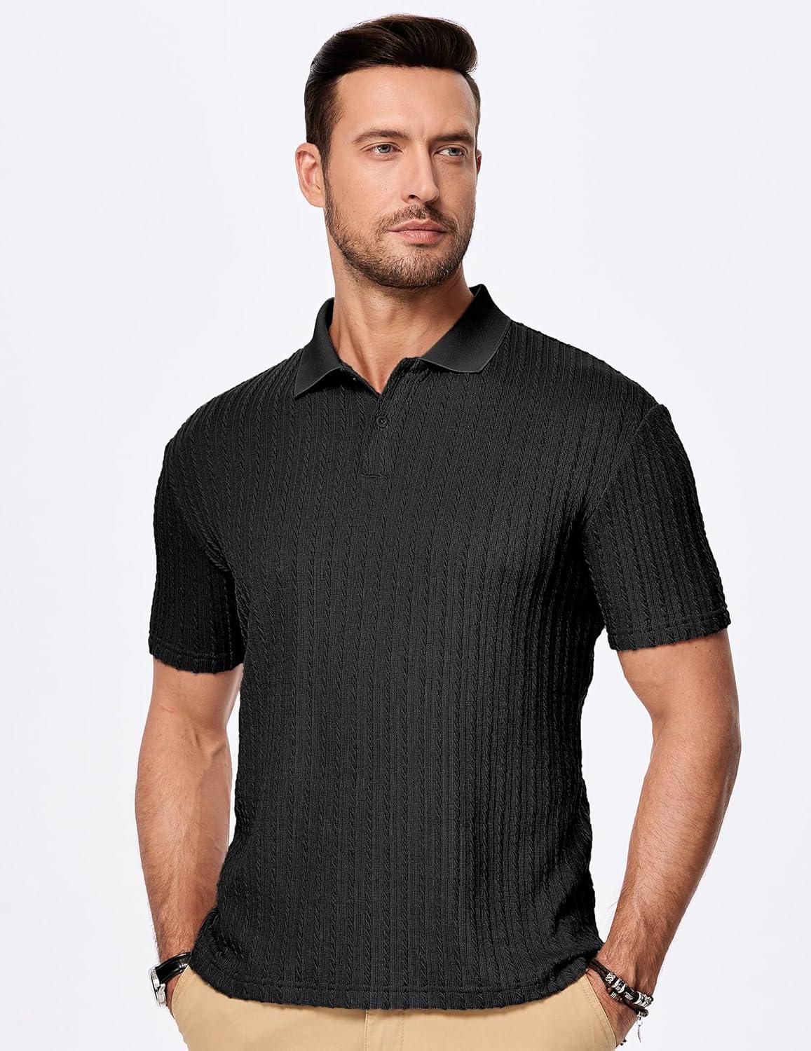 imageJMIERR Mens Casual Polo Shirt Summer Short Sleeve Vacation Button Beach Knit Stretchy Golf ShirtsA Black