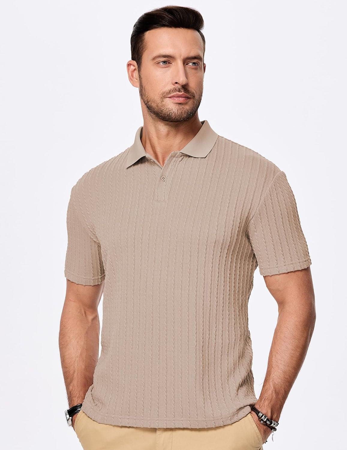imageJMIERR Mens Casual Polo Shirt Summer Short Sleeve Vacation Button Beach Knit Stretchy Golf ShirtsA Light Brown