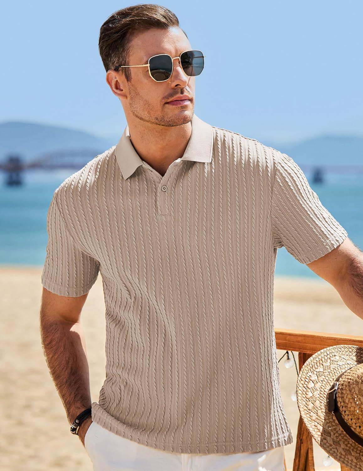 imageJMIERR Mens Casual Polo Shirt Summer Short Sleeve Vacation Button Beach Knit Stretchy Golf ShirtsA Light Brown
