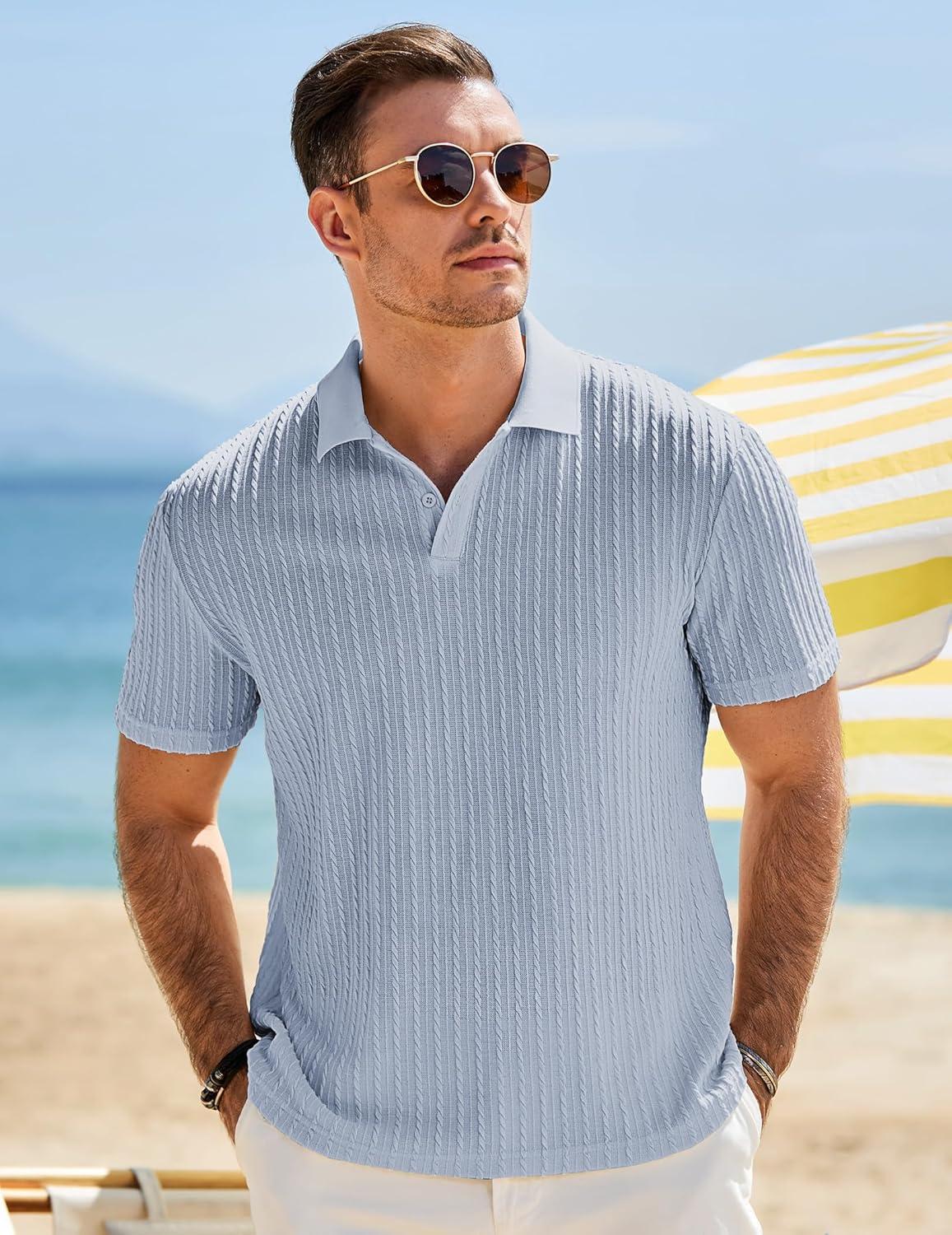 imageJMIERR Mens Casual Polo Shirt Summer Short Sleeve Vacation Button Beach Knit Stretchy Golf ShirtsB Light Blue