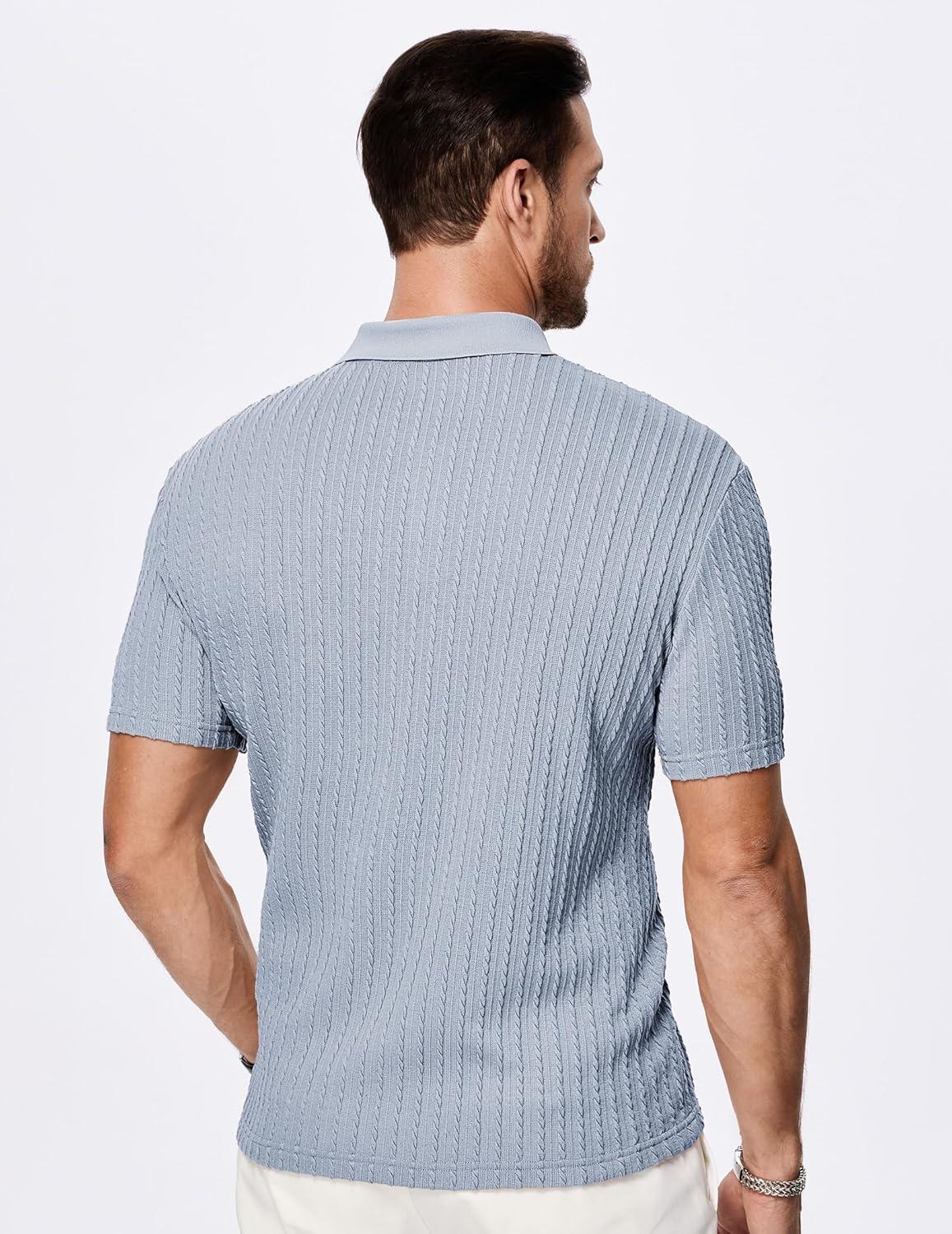 imageJMIERR Mens Casual Polo Shirt Summer Short Sleeve Vacation Button Beach Knit Stretchy Golf ShirtsB Light Blue