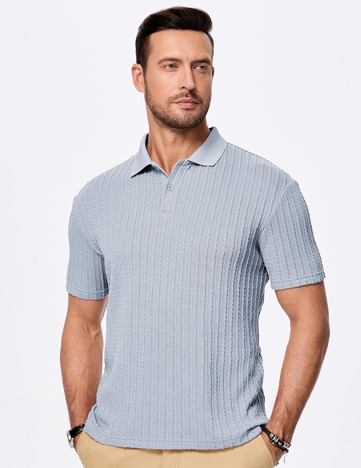 imageJMIERR Mens Casual Polo Shirt Summer Short Sleeve Vacation Button Beach Knit Stretchy Golf ShirtsB Light Blue