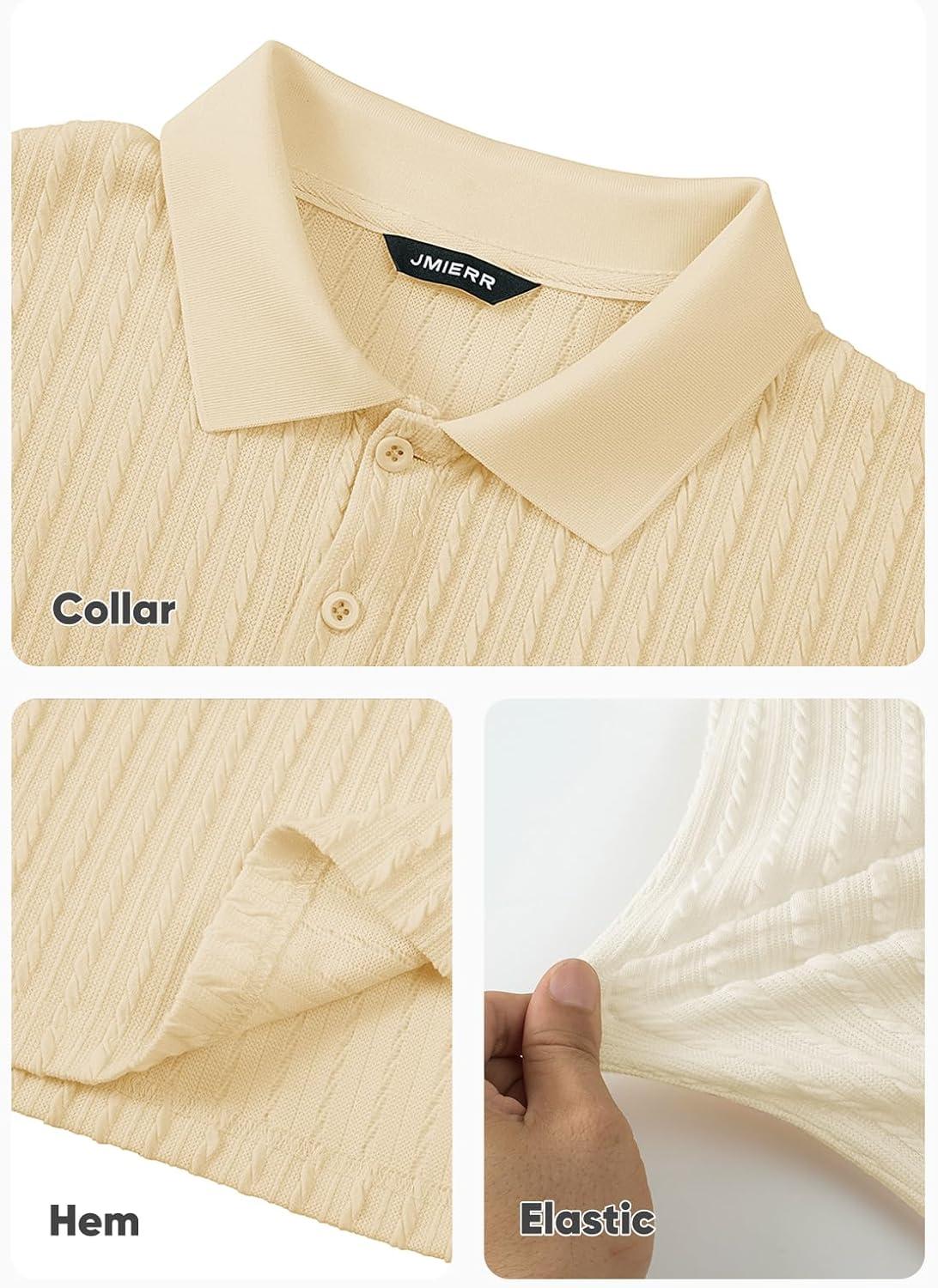 imageJMIERR Mens Casual Polo Shirt Summer Short Sleeve Vacation Button Beach Knit Stretchy Golf ShirtsLong Sleeve Beige