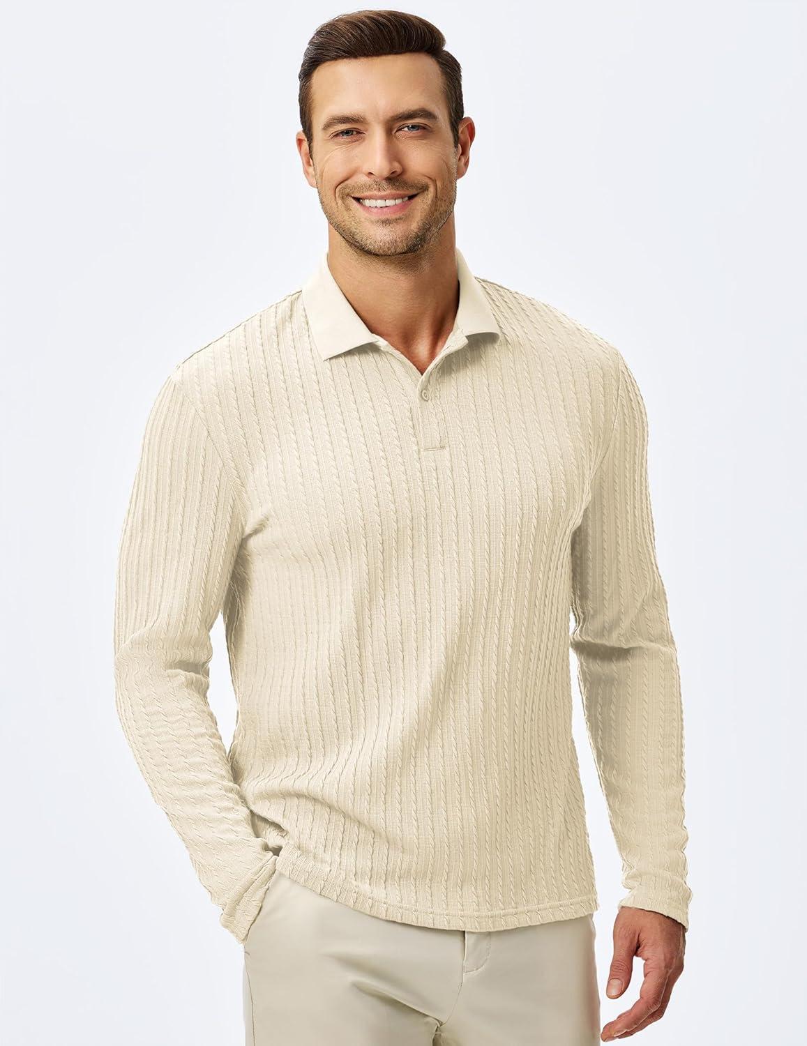 imageJMIERR Mens Casual Polo Shirt Summer Short Sleeve Vacation Button Beach Knit Stretchy Golf ShirtsLong Sleeve Beige