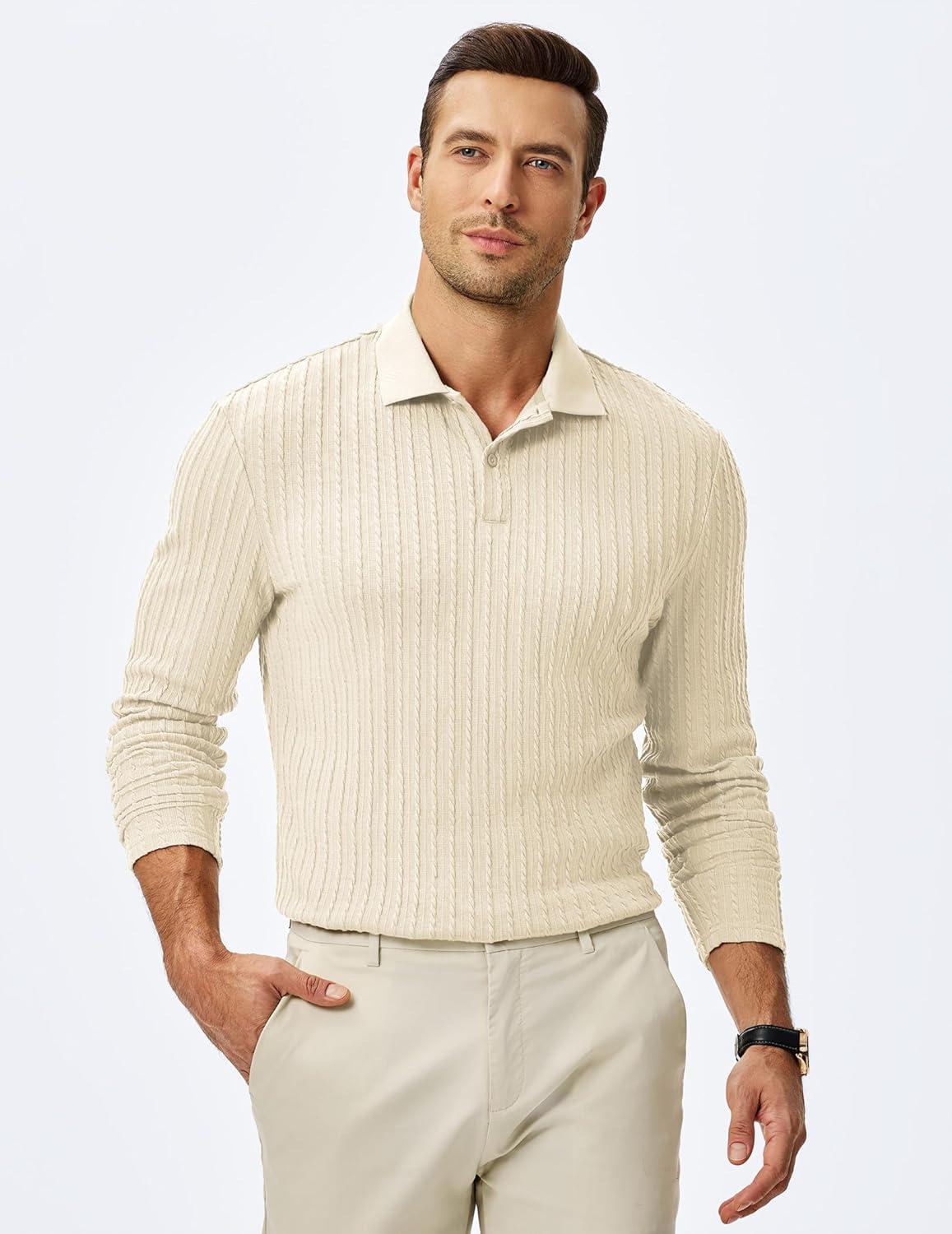 imageJMIERR Mens Casual Polo Shirt Summer Short Sleeve Vacation Button Beach Knit Stretchy Golf ShirtsLong Sleeve Beige