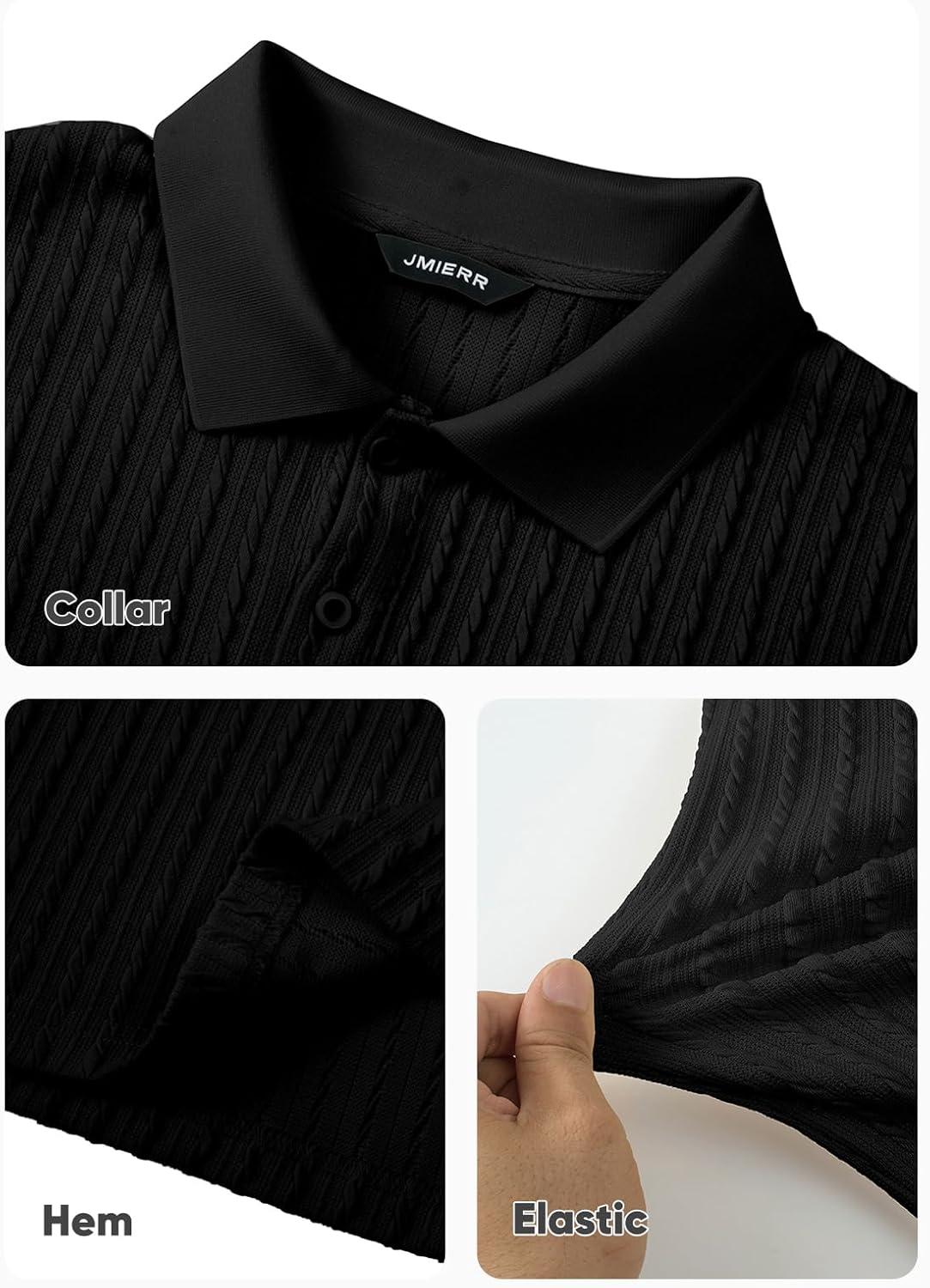 imageJMIERR Mens Casual Polo Shirt Summer Short Sleeve Vacation Button Beach Knit Stretchy Golf ShirtsLong Sleeve Black