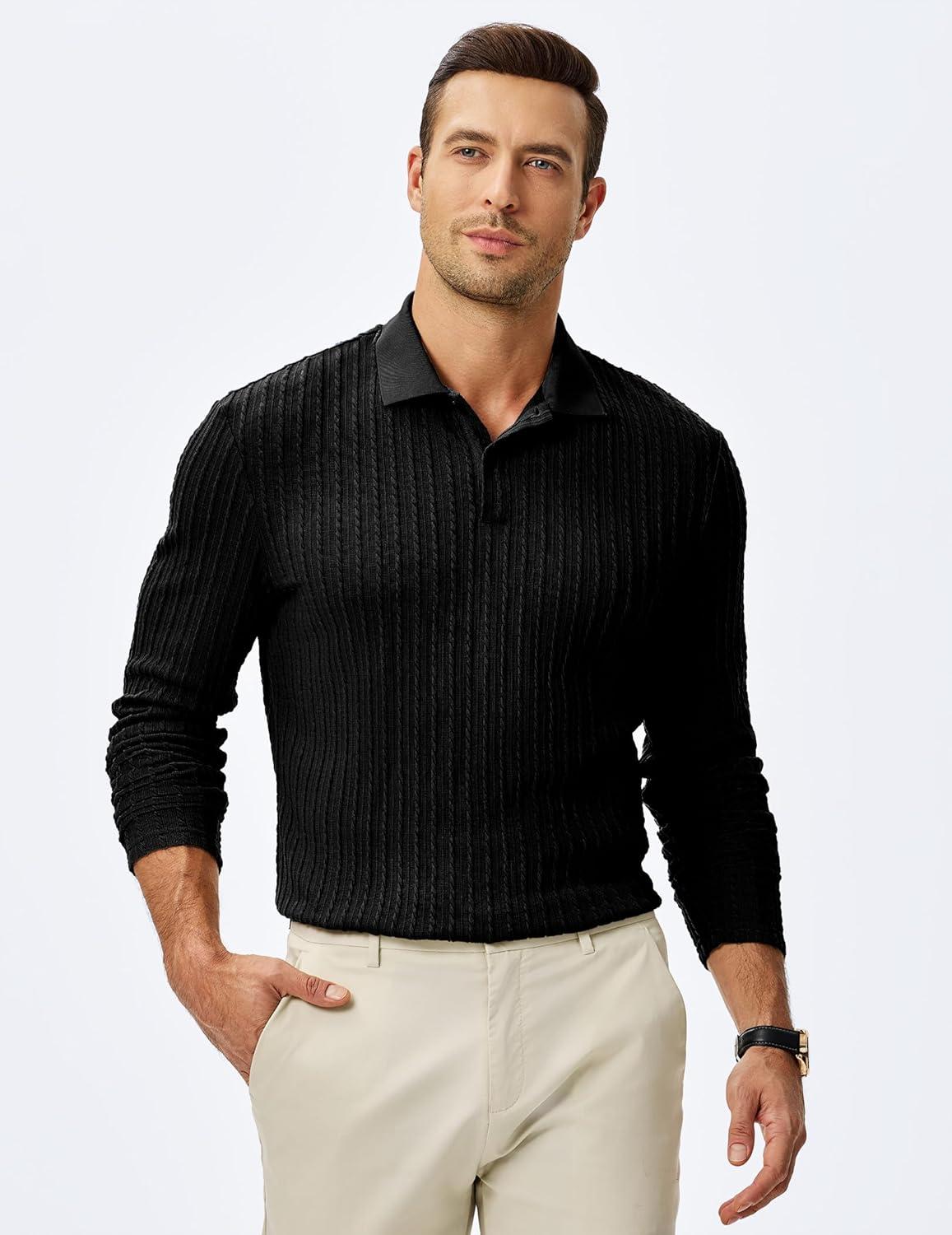 imageJMIERR Mens Casual Polo Shirt Summer Short Sleeve Vacation Button Beach Knit Stretchy Golf ShirtsLong Sleeve Black