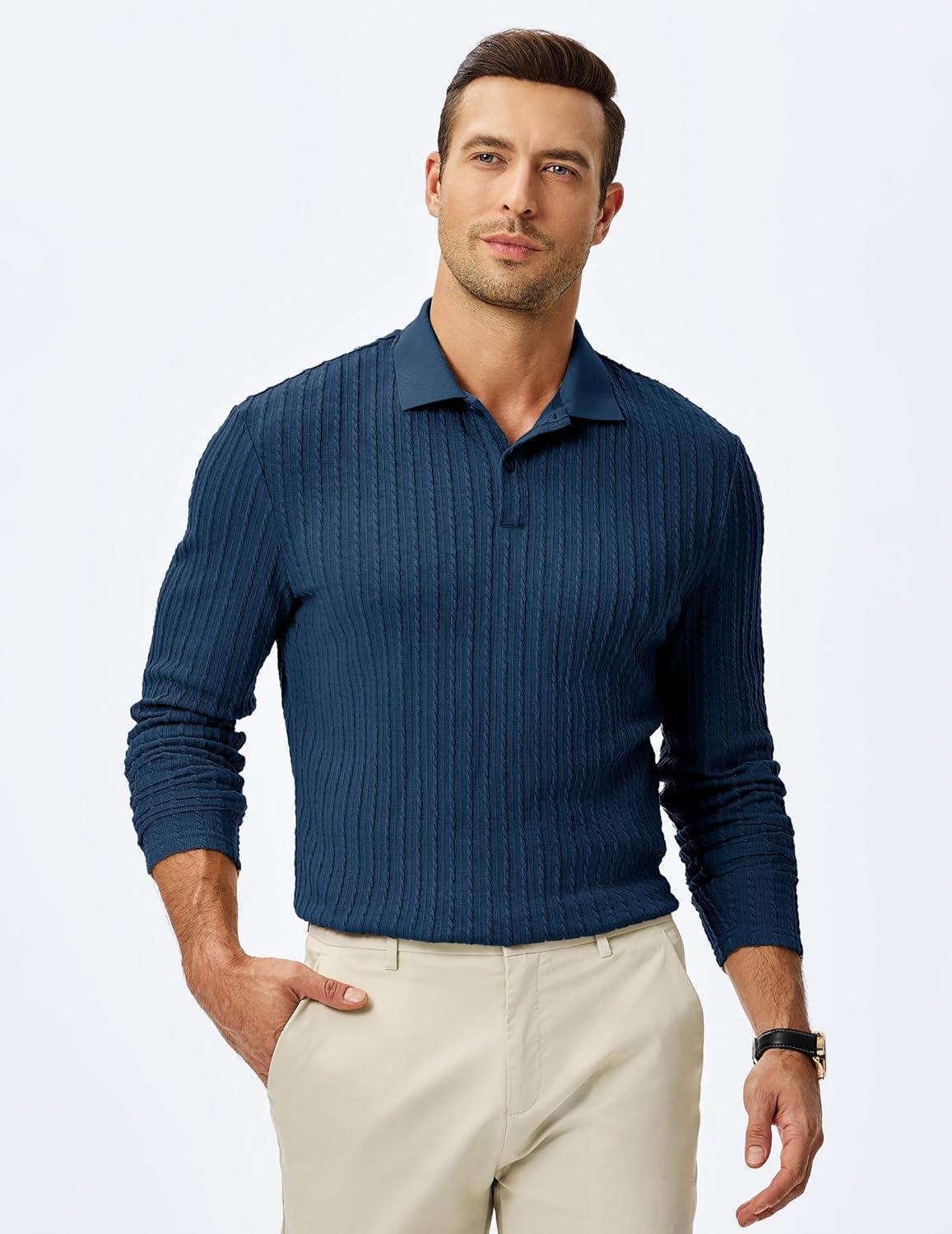 imageJMIERR Mens Casual Polo Shirt Summer Short Sleeve Vacation Button Beach Knit Stretchy Golf ShirtsLong Sleeve Blue 2