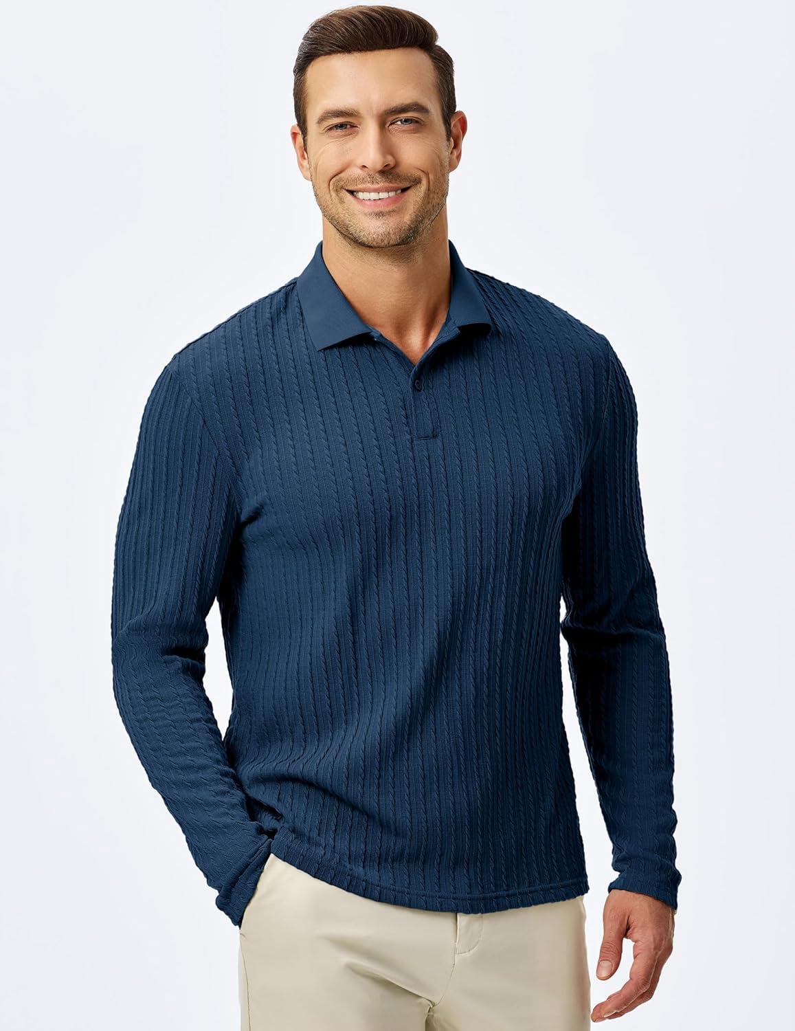 imageJMIERR Mens Casual Polo Shirt Summer Short Sleeve Vacation Button Beach Knit Stretchy Golf ShirtsLong Sleeve Blue 2