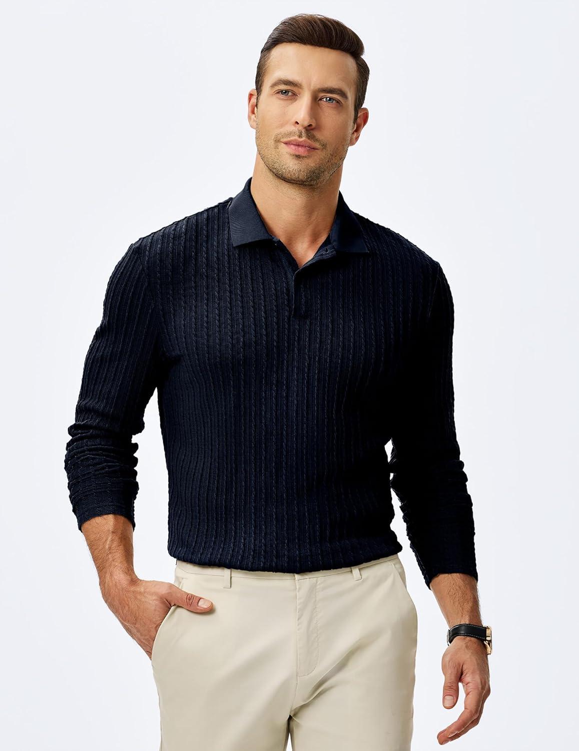 imageJMIERR Mens Casual Polo Shirt Summer Short Sleeve Vacation Button Beach Knit Stretchy Golf ShirtsLong Sleeve Blue