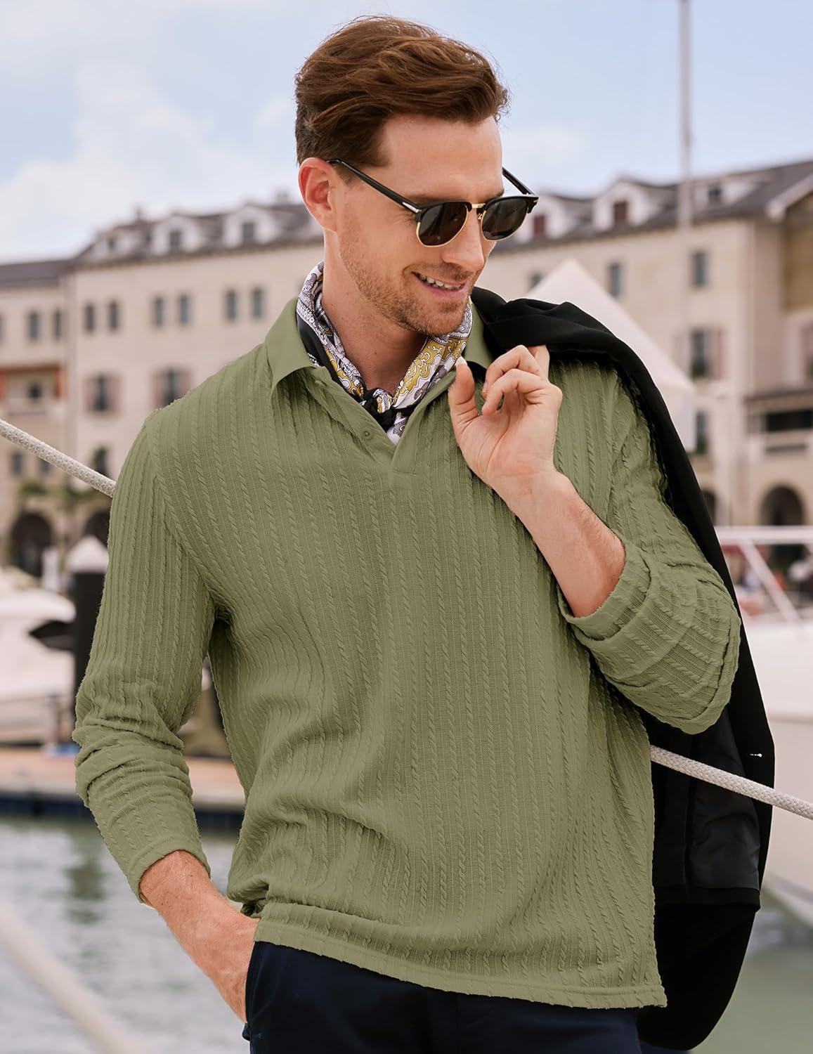 imageJMIERR Mens Casual Polo Shirt Summer Short Sleeve Vacation Button Beach Knit Stretchy Golf ShirtsLong Sleeve Green