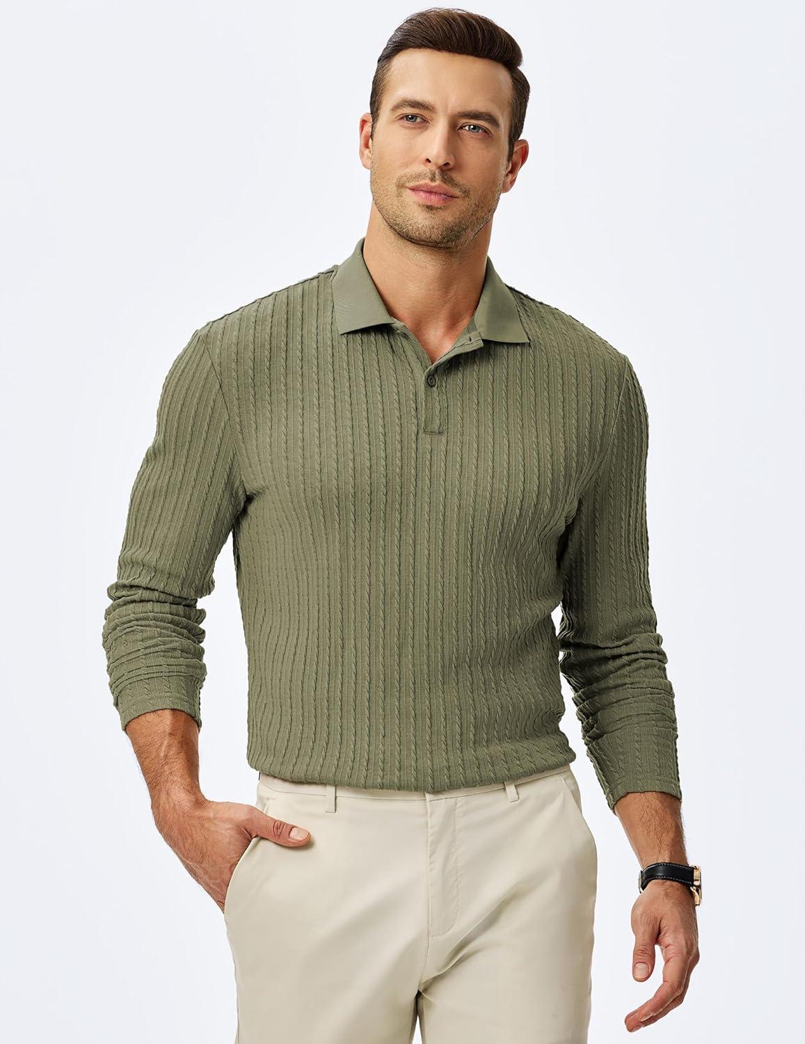 imageJMIERR Mens Casual Polo Shirt Summer Short Sleeve Vacation Button Beach Knit Stretchy Golf ShirtsLong Sleeve Green