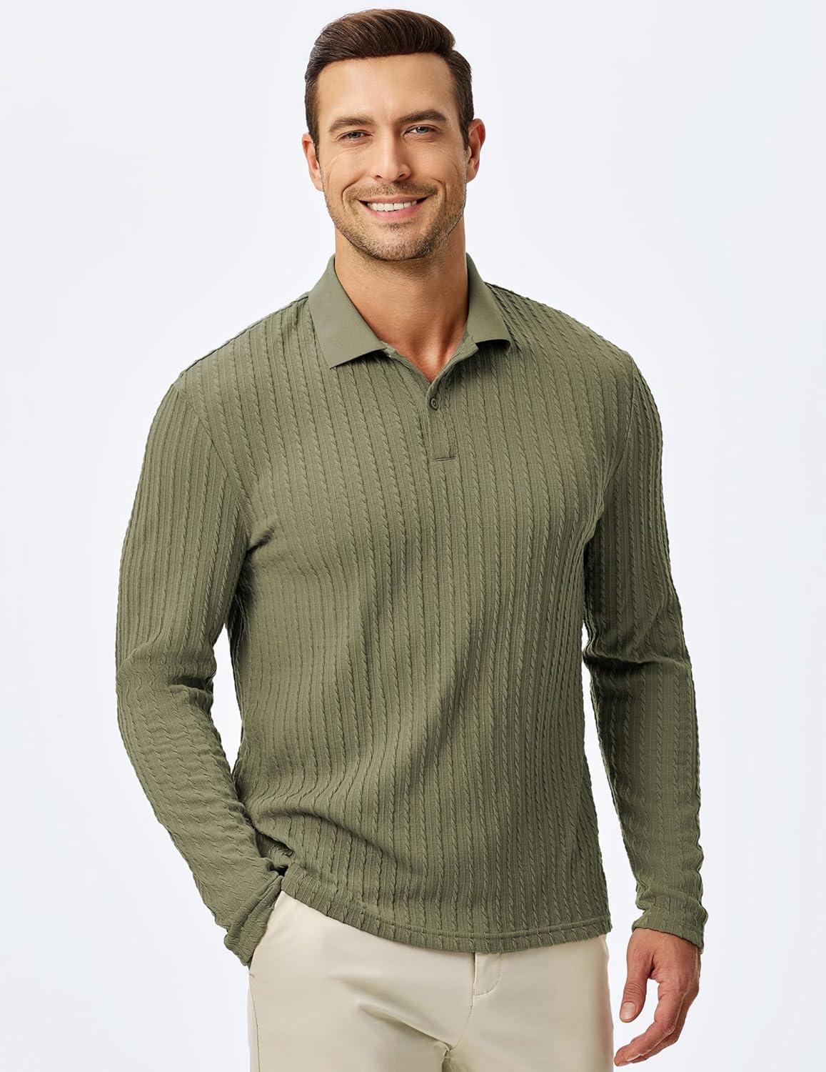 imageJMIERR Mens Casual Polo Shirt Summer Short Sleeve Vacation Button Beach Knit Stretchy Golf ShirtsLong Sleeve Green