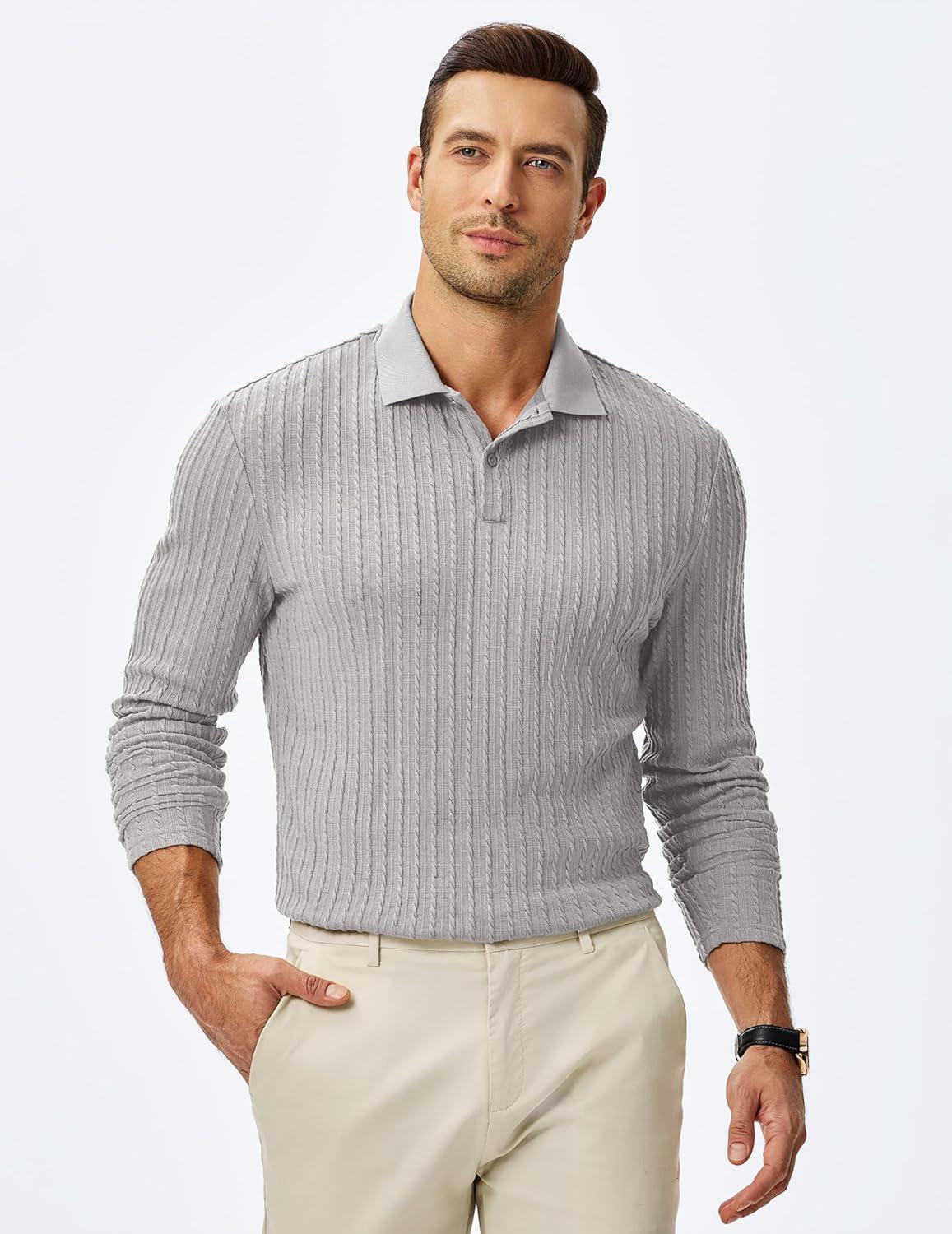 imageJMIERR Mens Casual Polo Shirt Summer Short Sleeve Vacation Button Beach Knit Stretchy Golf ShirtsLong Sleeve Grey