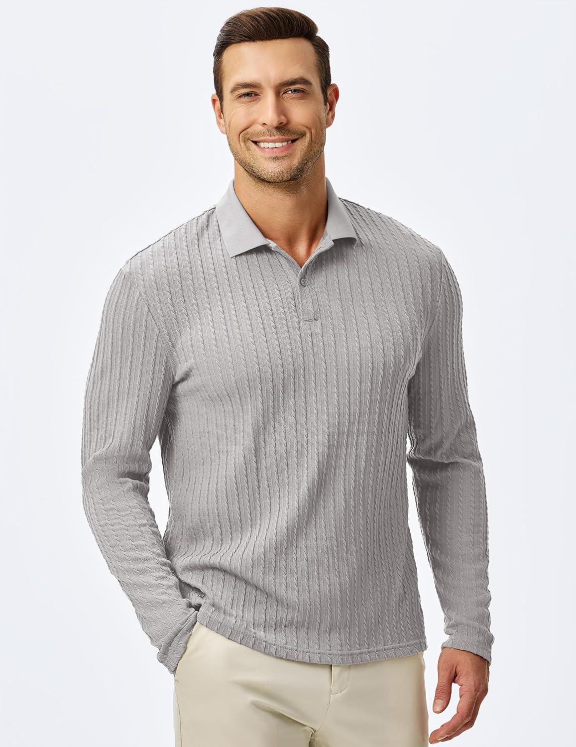 imageJMIERR Mens Casual Polo Shirt Summer Short Sleeve Vacation Button Beach Knit Stretchy Golf ShirtsLong Sleeve Grey