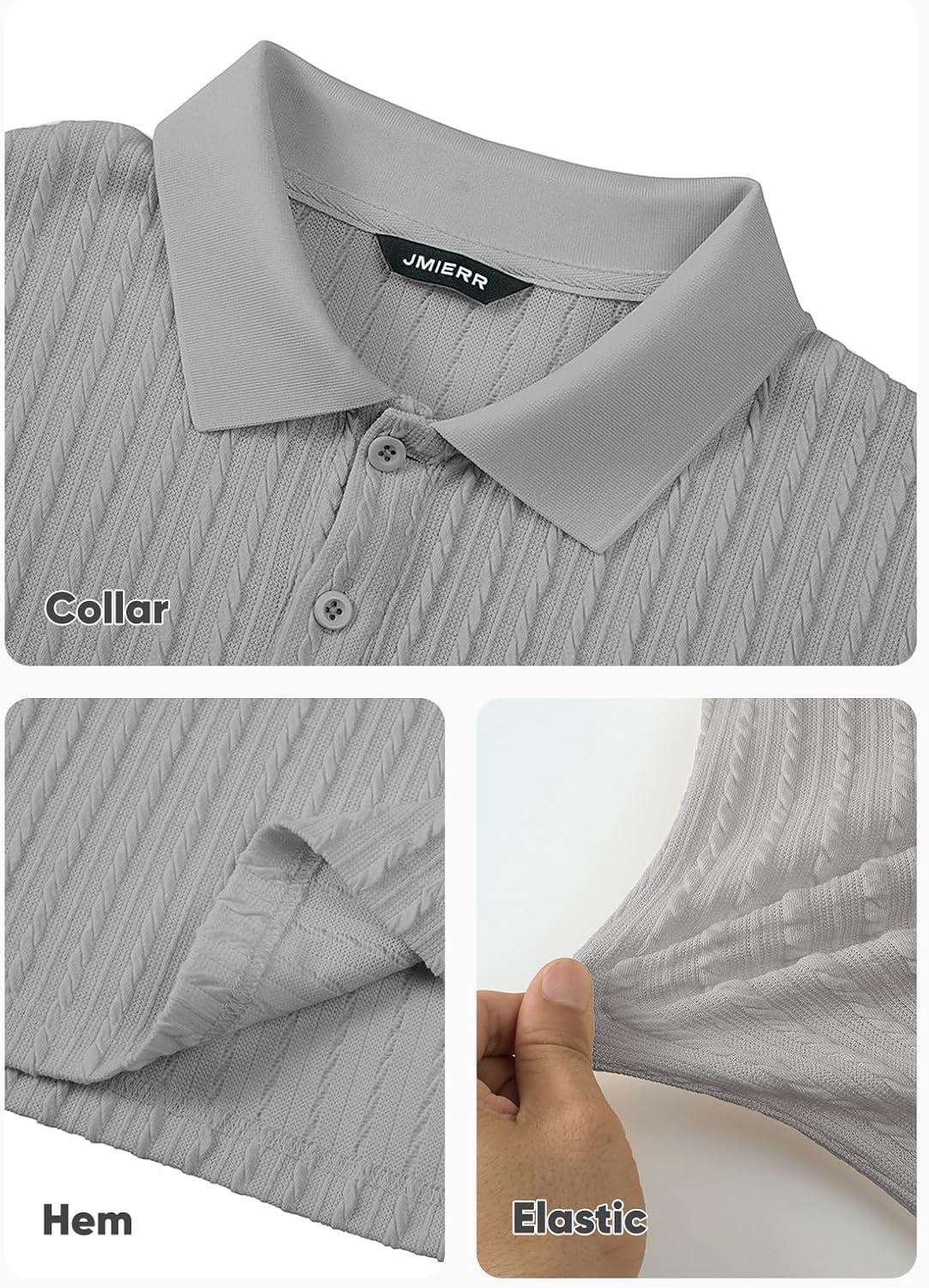 imageJMIERR Mens Casual Polo Shirt Summer Short Sleeve Vacation Button Beach Knit Stretchy Golf ShirtsLong Sleeve Grey