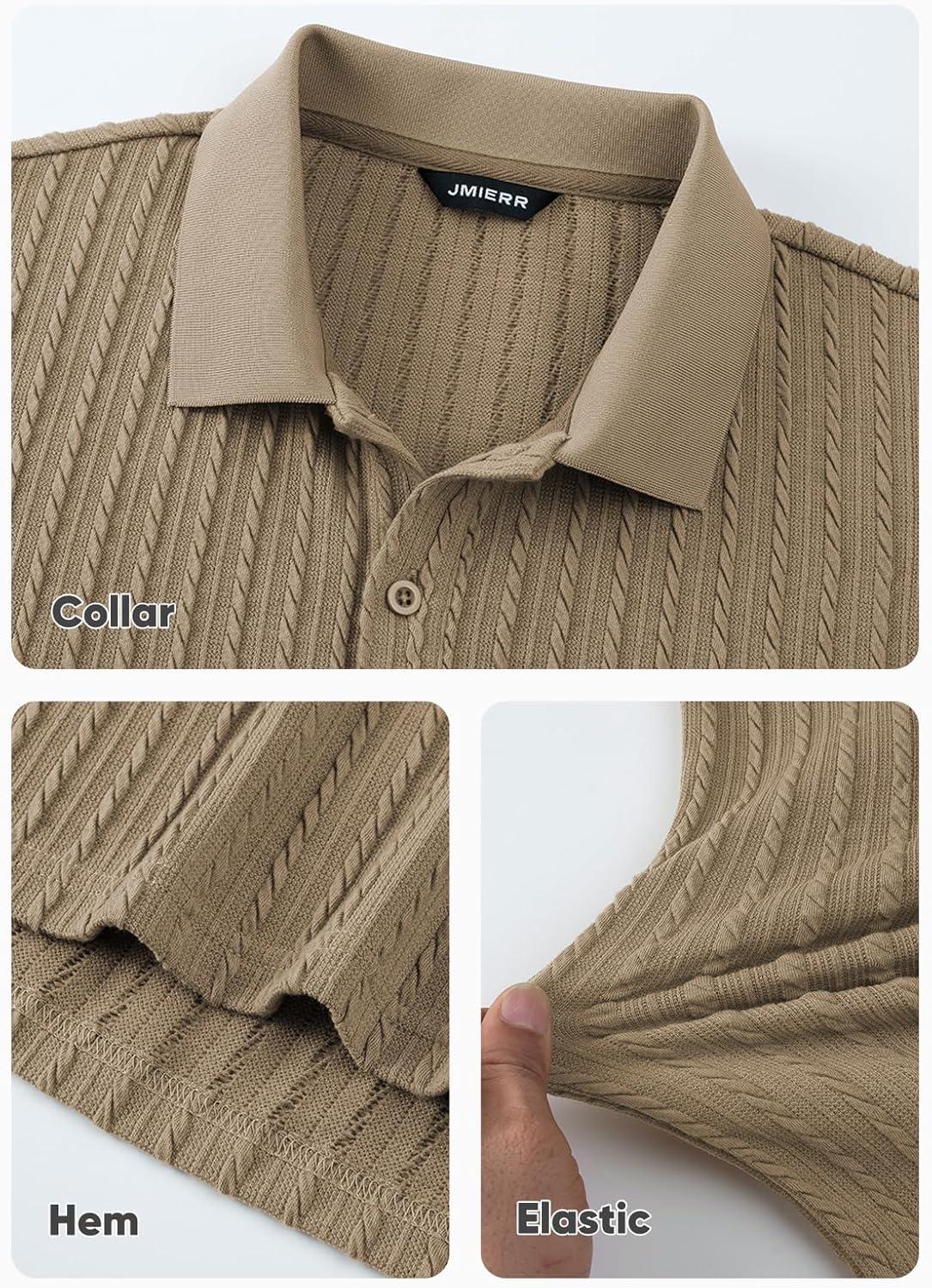 imageJMIERR Mens Casual Polo Shirt Summer Short Sleeve Vacation Button Beach Knit Stretchy Golf ShirtsLong Sleeve Khaki