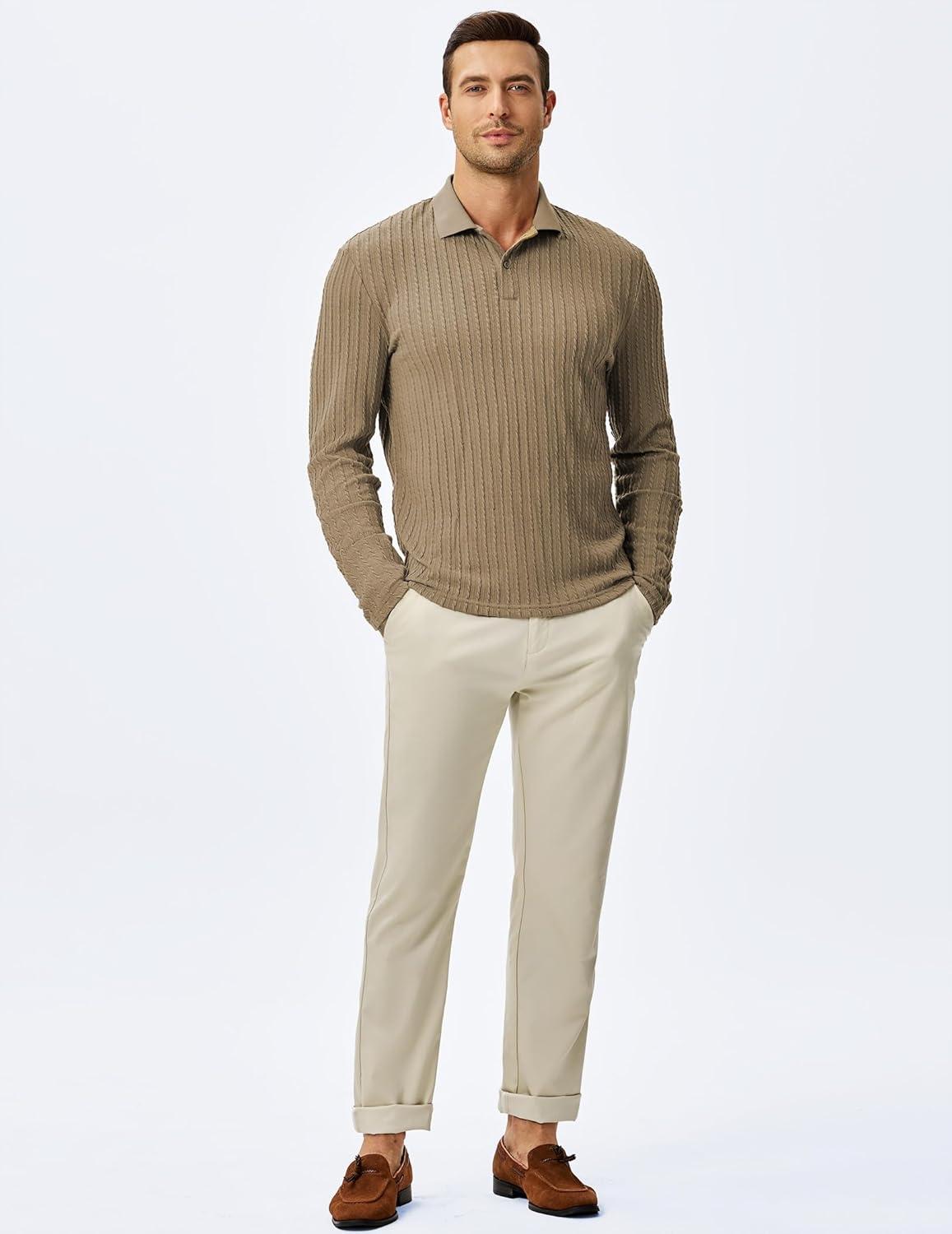 imageJMIERR Mens Casual Polo Shirt Summer Short Sleeve Vacation Button Beach Knit Stretchy Golf ShirtsLong Sleeve Khaki