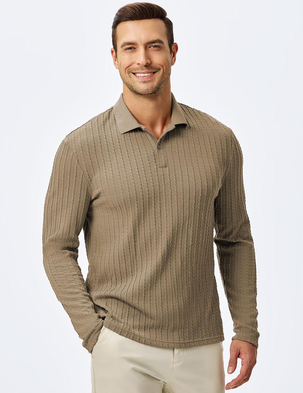 imageJMIERR Mens Casual Polo Shirt Summer Short Sleeve Vacation Button Beach Knit Stretchy Golf ShirtsLong Sleeve Khaki