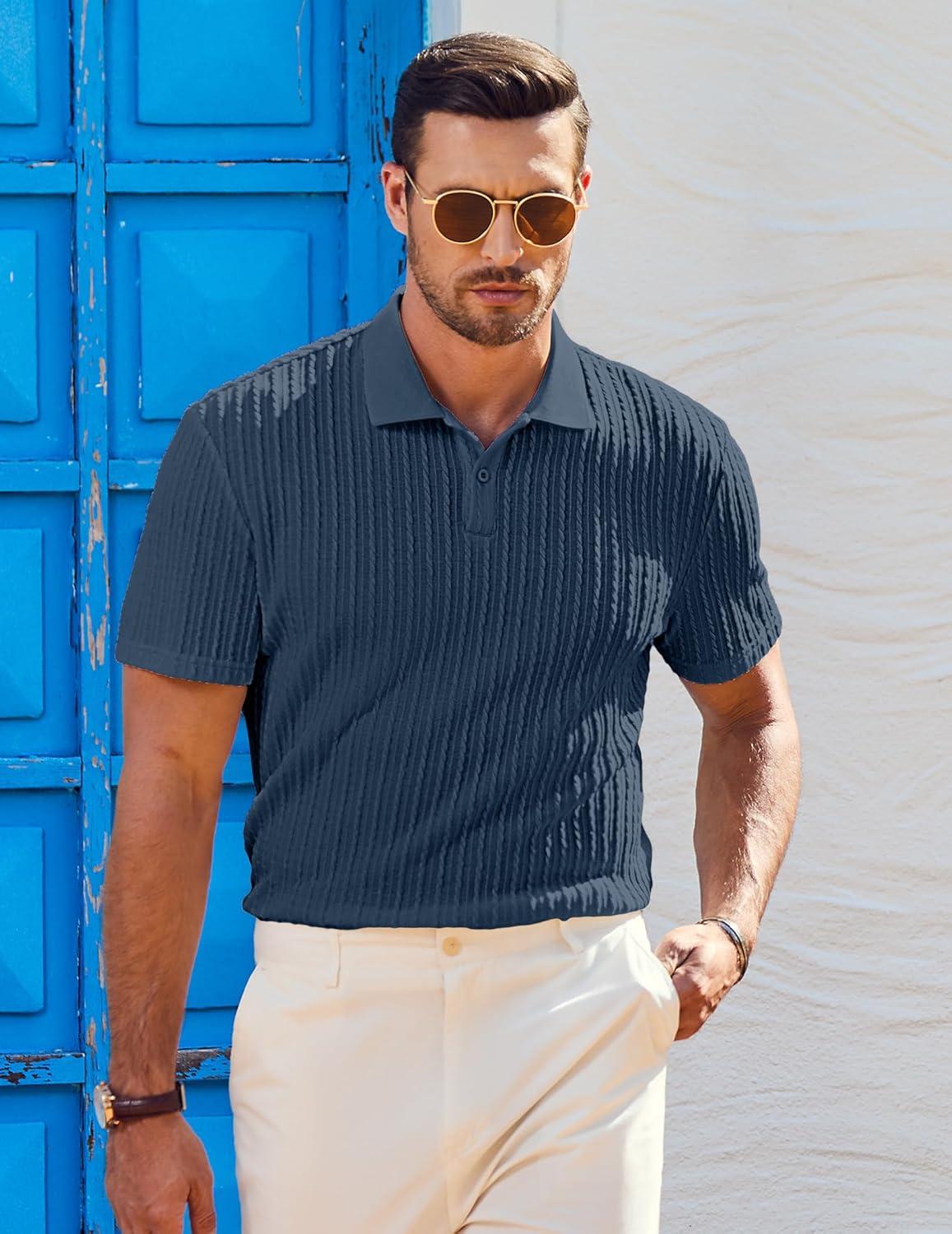 imageJMIERR Mens Casual Polo Shirt Summer Short Sleeve Vacation Button Beach Knit Stretchy Golf ShirtsP Blue 3