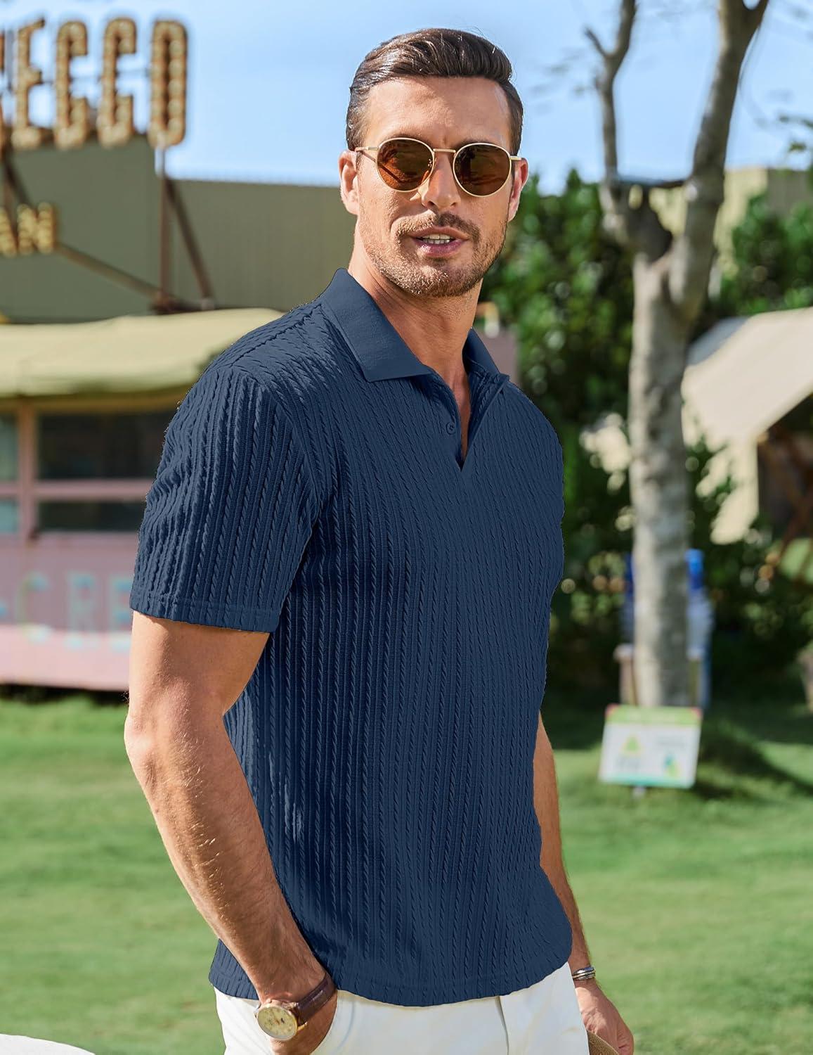 imageJMIERR Mens Casual Polo Shirt Summer Short Sleeve Vacation Button Beach Knit Stretchy Golf ShirtsP Blue 3