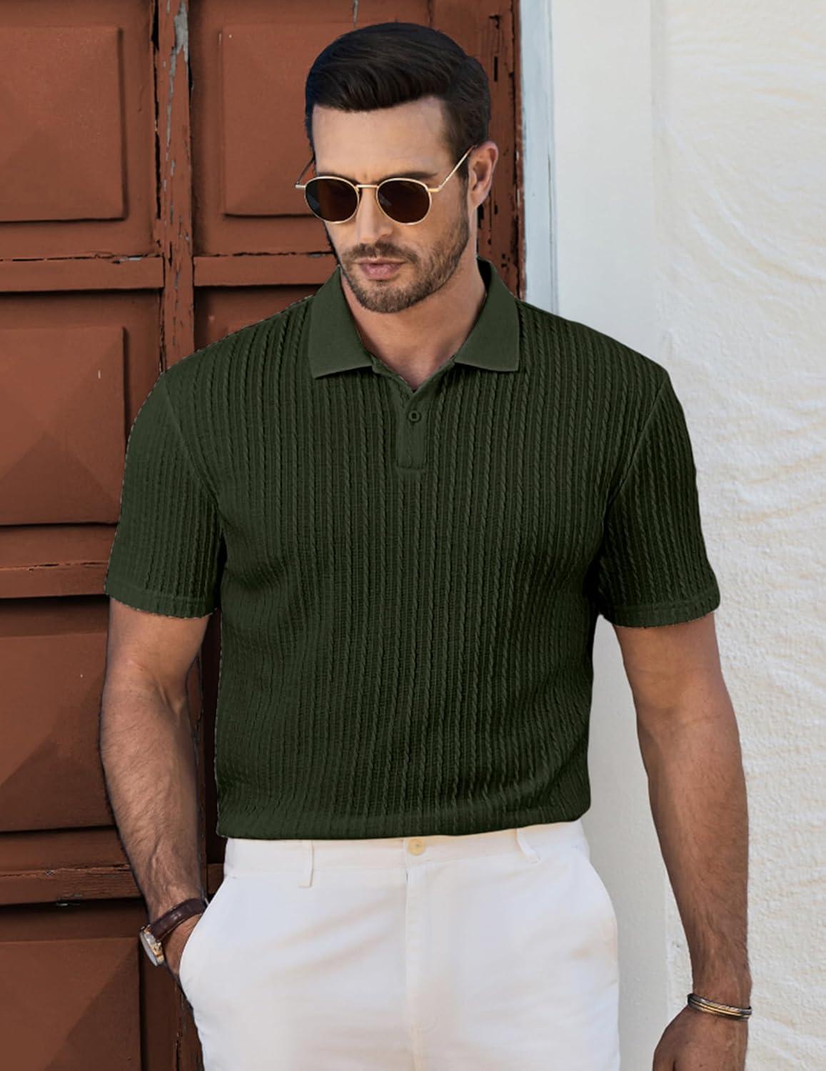 imageJMIERR Mens Casual Polo Shirt Summer Short Sleeve Vacation Button Beach Knit Stretchy Golf ShirtsP Dark Green