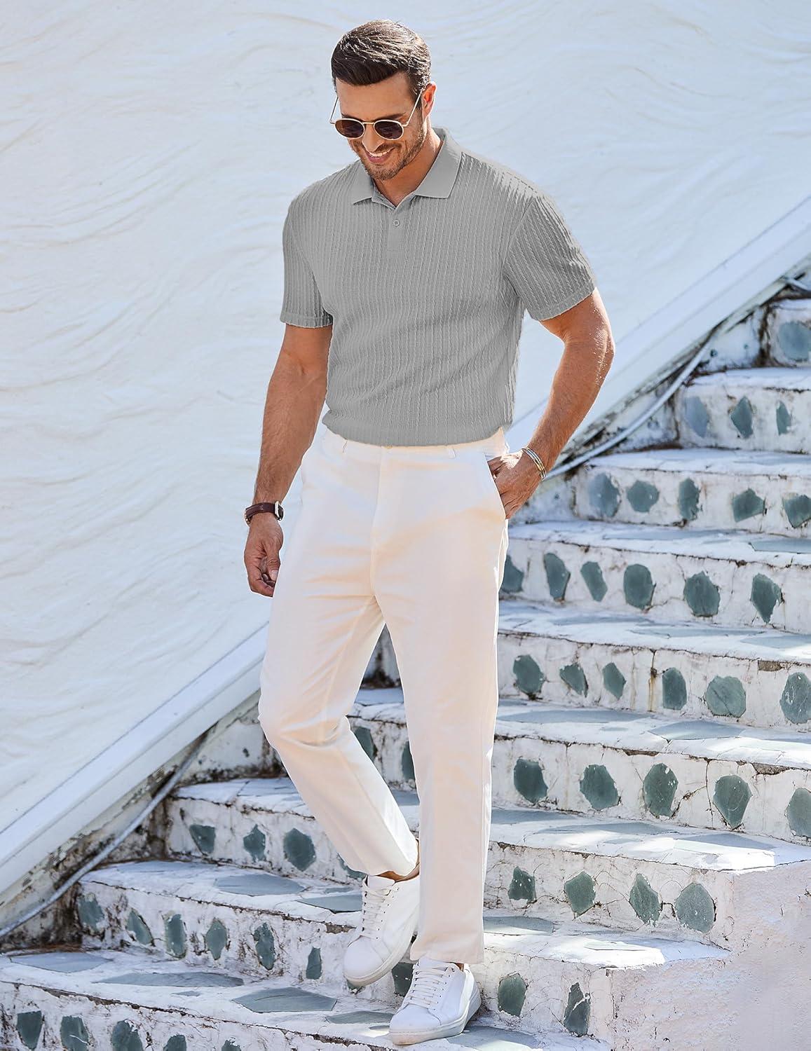 imageJMIERR Mens Casual Polo Shirt Summer Short Sleeve Vacation Button Beach Knit Stretchy Golf ShirtsP Grey 2