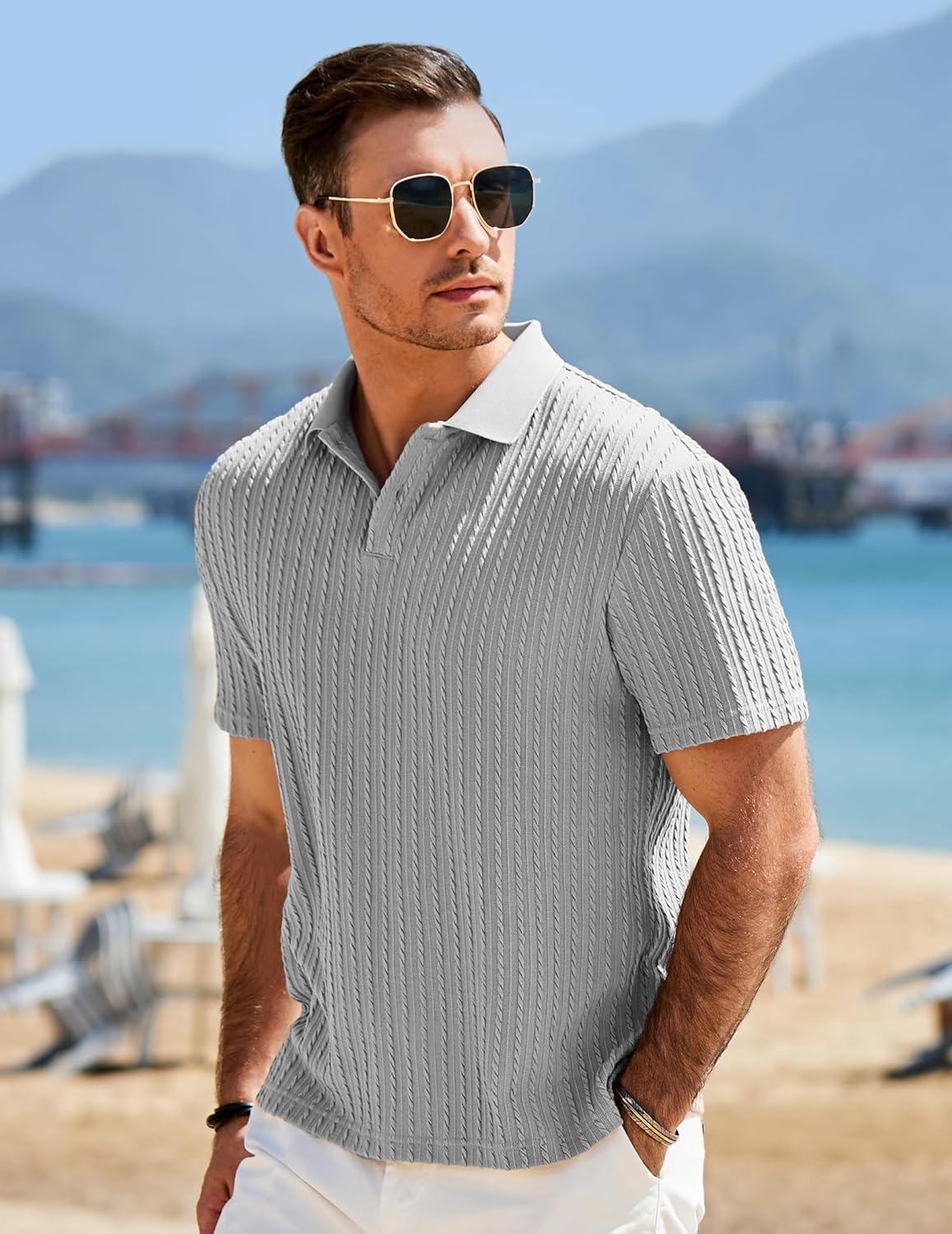 imageJMIERR Mens Casual Polo Shirt Summer Short Sleeve Vacation Button Beach Knit Stretchy Golf ShirtsP Grey 2