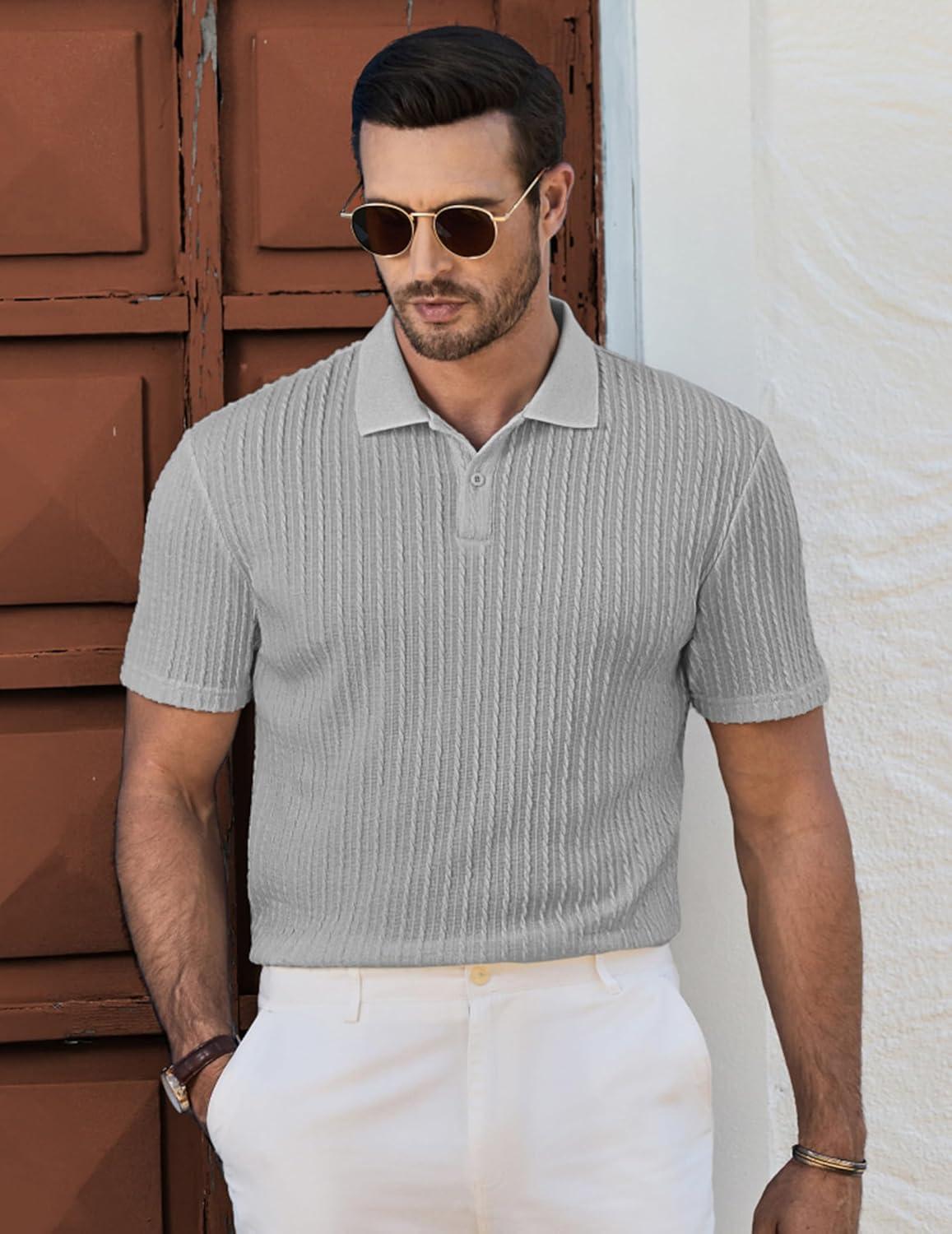 imageJMIERR Mens Casual Polo Shirt Summer Short Sleeve Vacation Button Beach Knit Stretchy Golf ShirtsP Grey 2