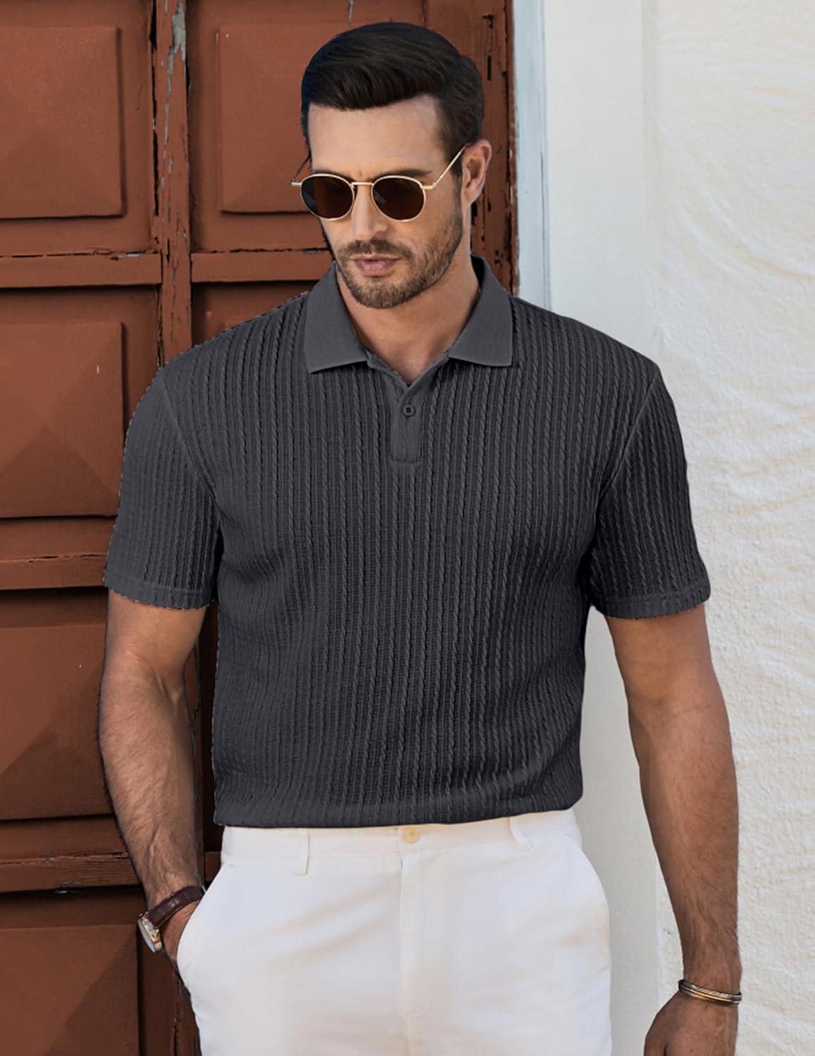 imageJMIERR Mens Casual Polo Shirt Summer Short Sleeve Vacation Button Beach Knit Stretchy Golf ShirtsP Grey