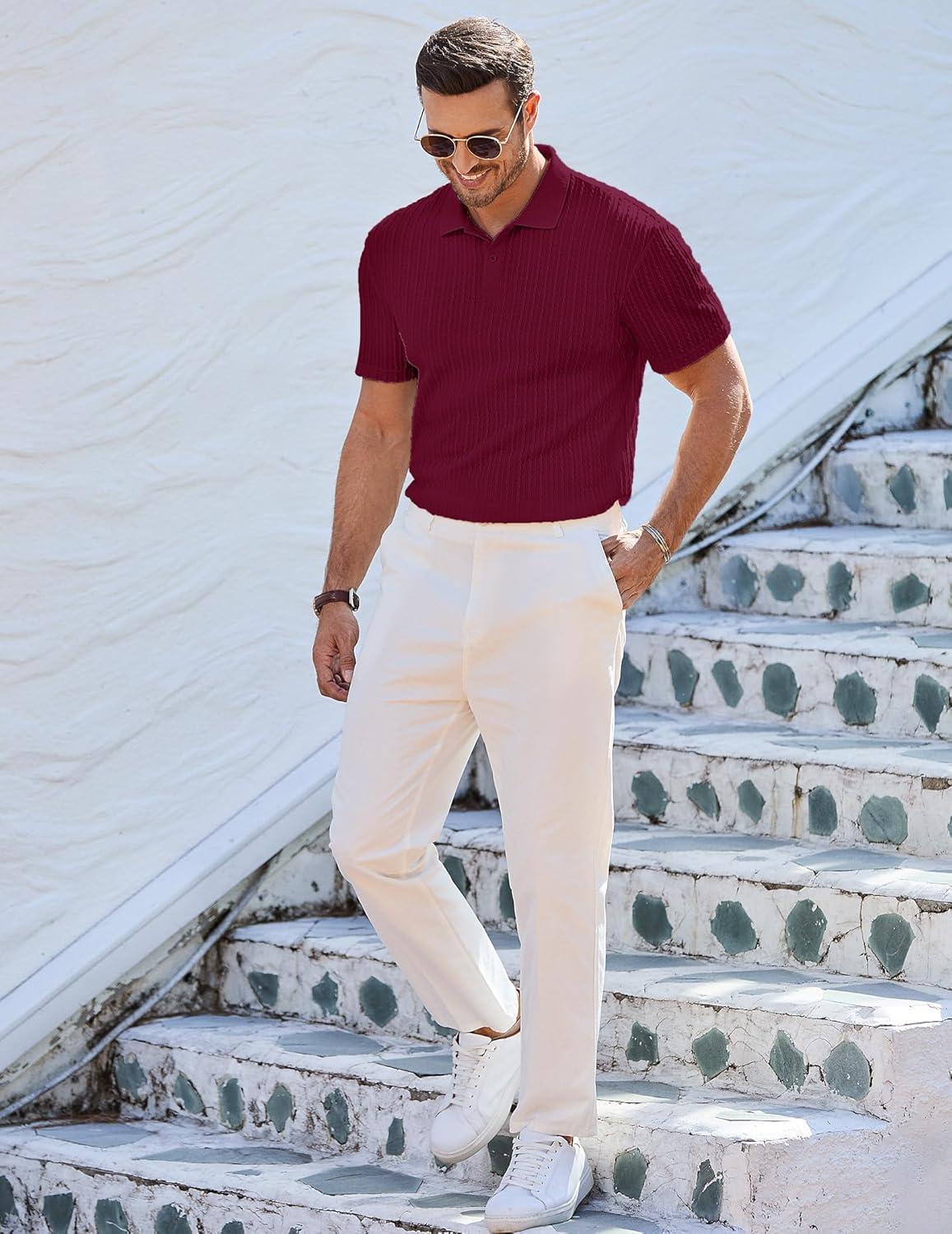 imageJMIERR Mens Casual Polo Shirt Summer Short Sleeve Vacation Button Beach Knit Stretchy Golf ShirtsP Red