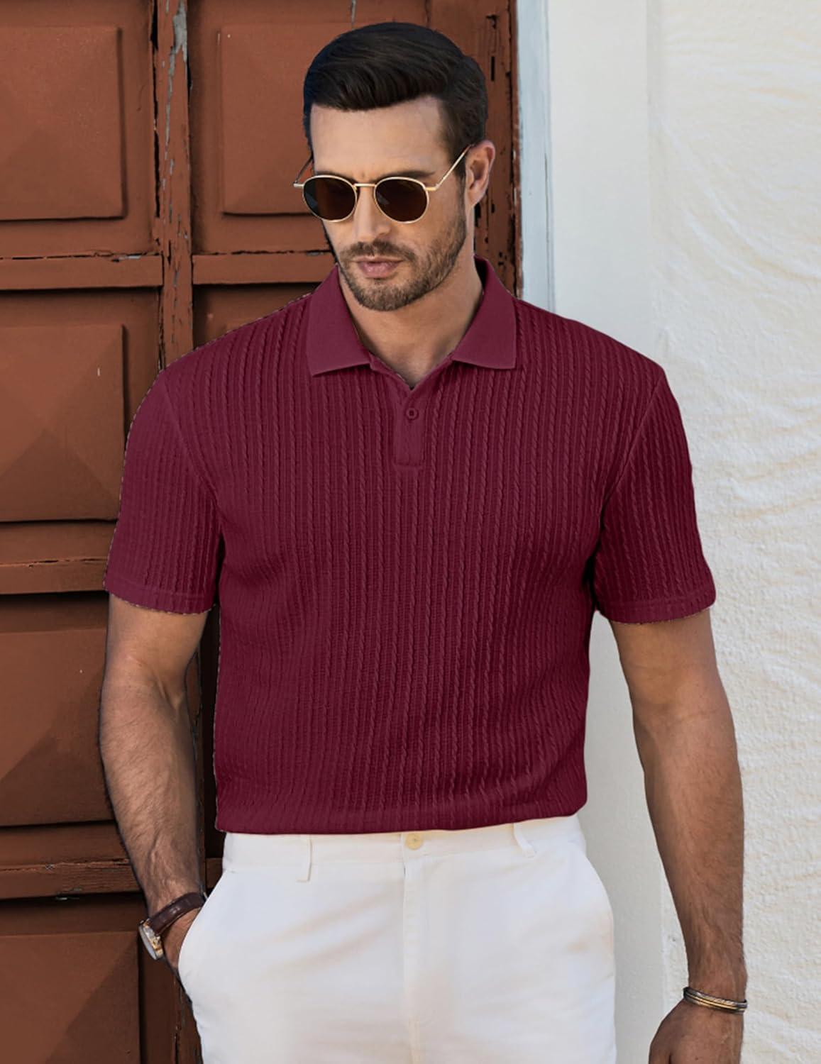 imageJMIERR Mens Casual Polo Shirt Summer Short Sleeve Vacation Button Beach Knit Stretchy Golf ShirtsP Red