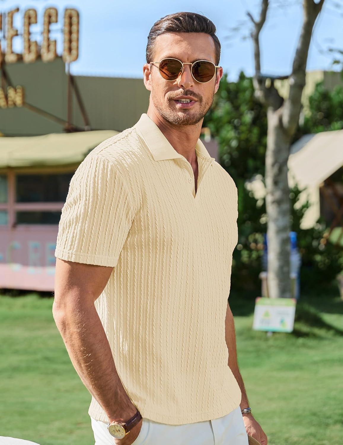 imageJMIERR Mens Casual Polo Shirt Summer Short Sleeve Vacation Button Beach Knit Stretchy Golf ShirtsP Yellow