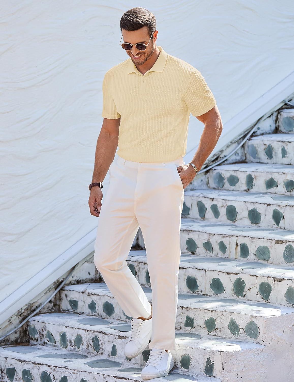 imageJMIERR Mens Casual Polo Shirt Summer Short Sleeve Vacation Button Beach Knit Stretchy Golf ShirtsP Yellow