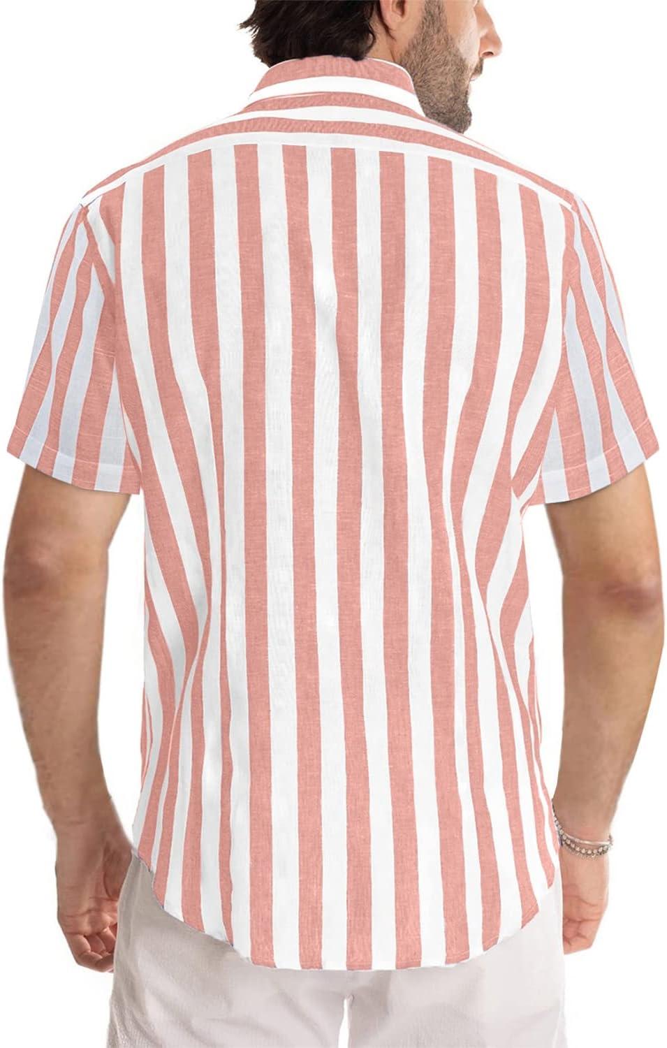 imageJMIERR Mens Casual Stylish Short Sleeve ButtonUp Striped Dress Shirts Cotton Beach ShirtA1 Pink