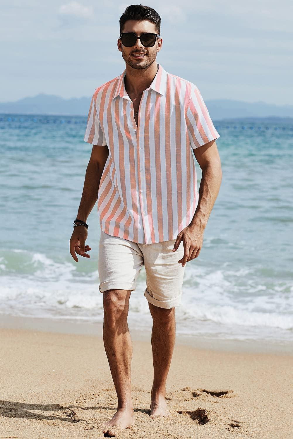 imageJMIERR Mens Casual Stylish Short Sleeve ButtonUp Striped Dress Shirts Cotton Beach ShirtA1 Pink