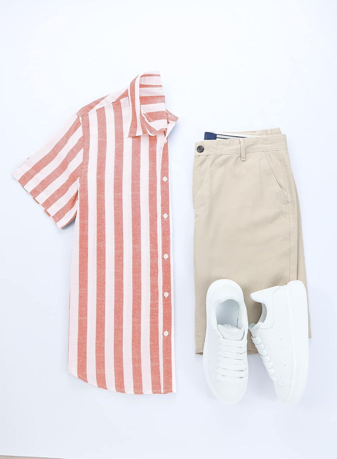 imageJMIERR Mens Casual Stylish Short Sleeve ButtonUp Striped Dress Shirts Cotton Beach ShirtA1 Pink