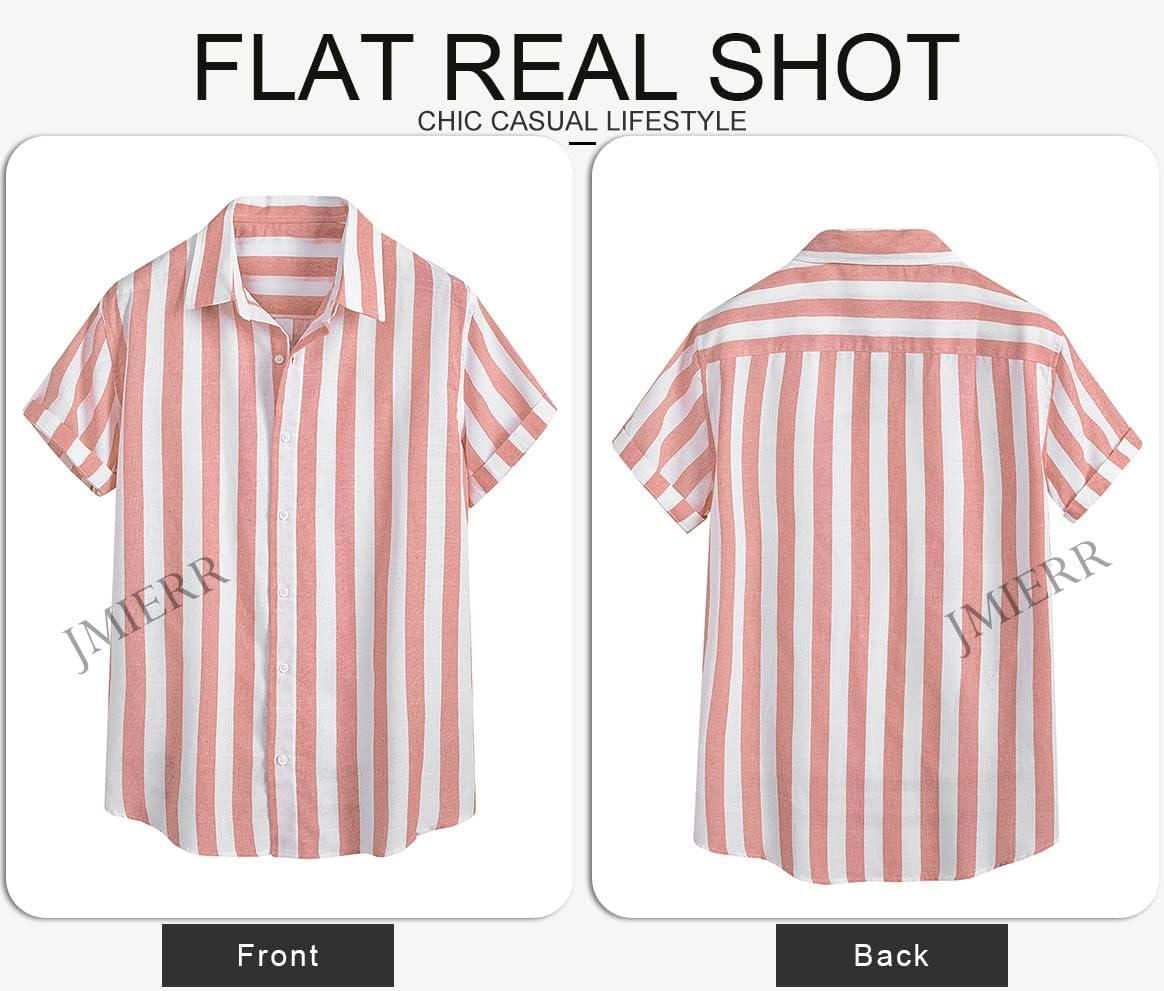 imageJMIERR Mens Casual Stylish Short Sleeve ButtonUp Striped Dress Shirts Cotton Beach ShirtA1 Pink