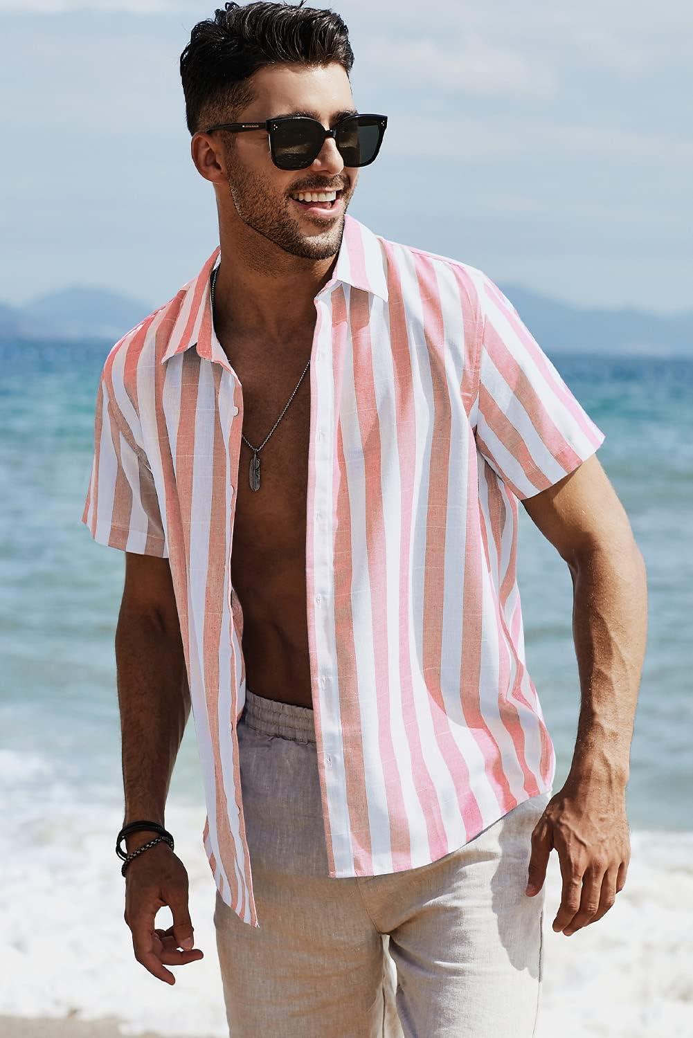 imageJMIERR Mens Casual Stylish Short Sleeve ButtonUp Striped Dress Shirts Cotton Beach ShirtA1 Pink