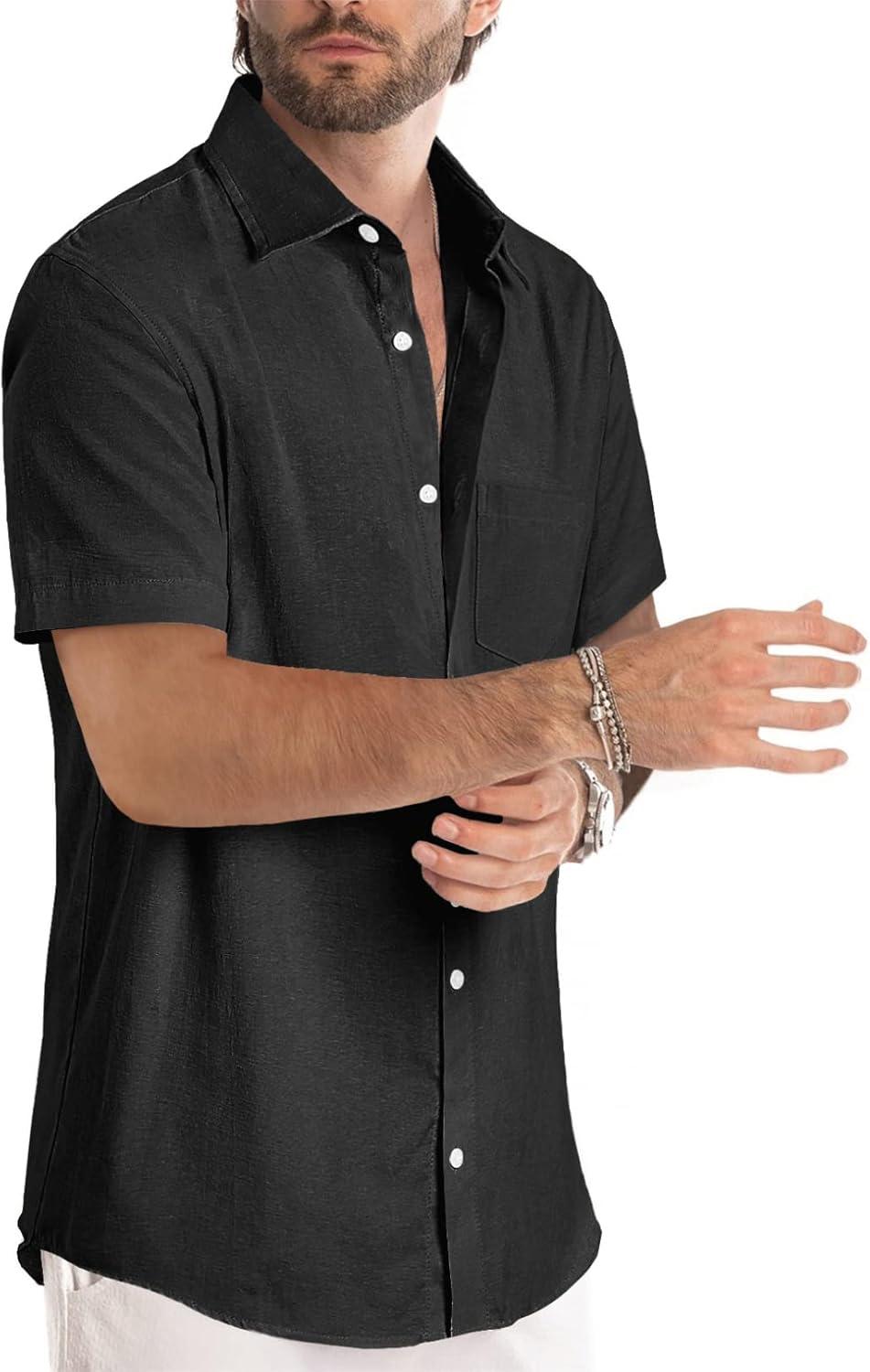 imageJMIERR Mens Casual Stylish Short Sleeve ButtonUp Striped Dress Shirts Cotton Beach ShirtBlack
