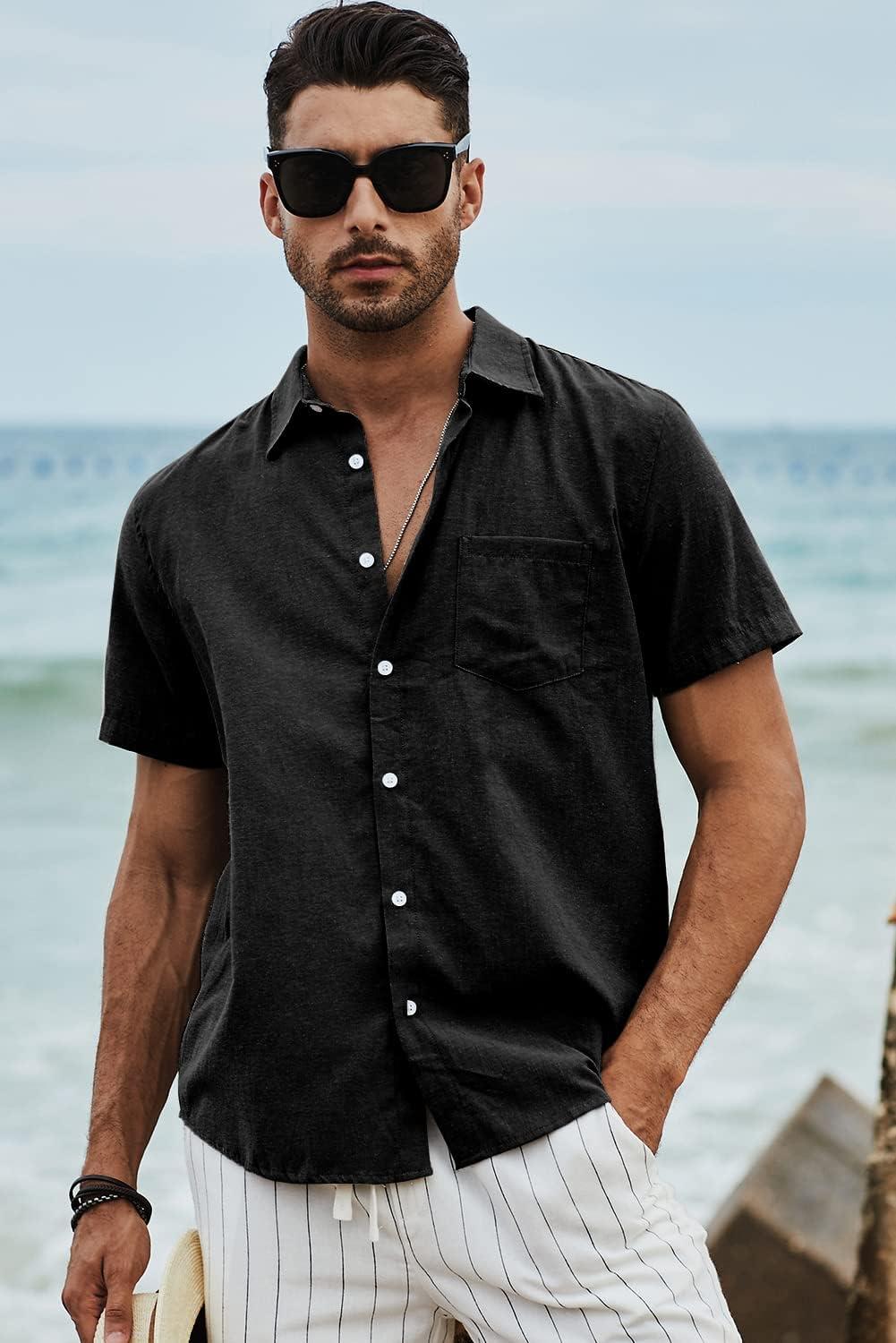 imageJMIERR Mens Casual Stylish Short Sleeve ButtonUp Striped Dress Shirts Cotton Beach ShirtBlack