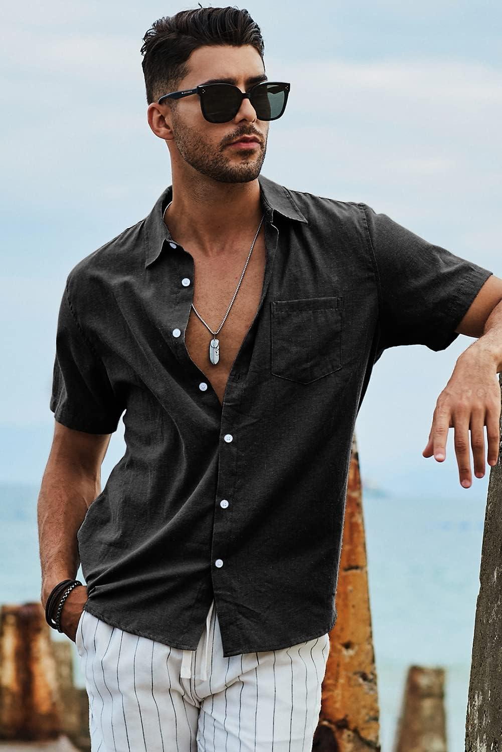 imageJMIERR Mens Casual Stylish Short Sleeve ButtonUp Striped Dress Shirts Cotton Beach ShirtBlack