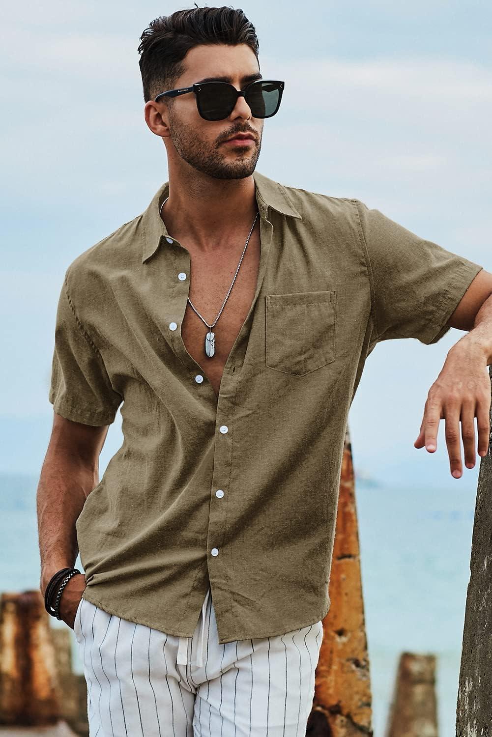 imageJMIERR Mens Casual Stylish Short Sleeve ButtonUp Striped Dress Shirts Cotton Beach ShirtBrown
