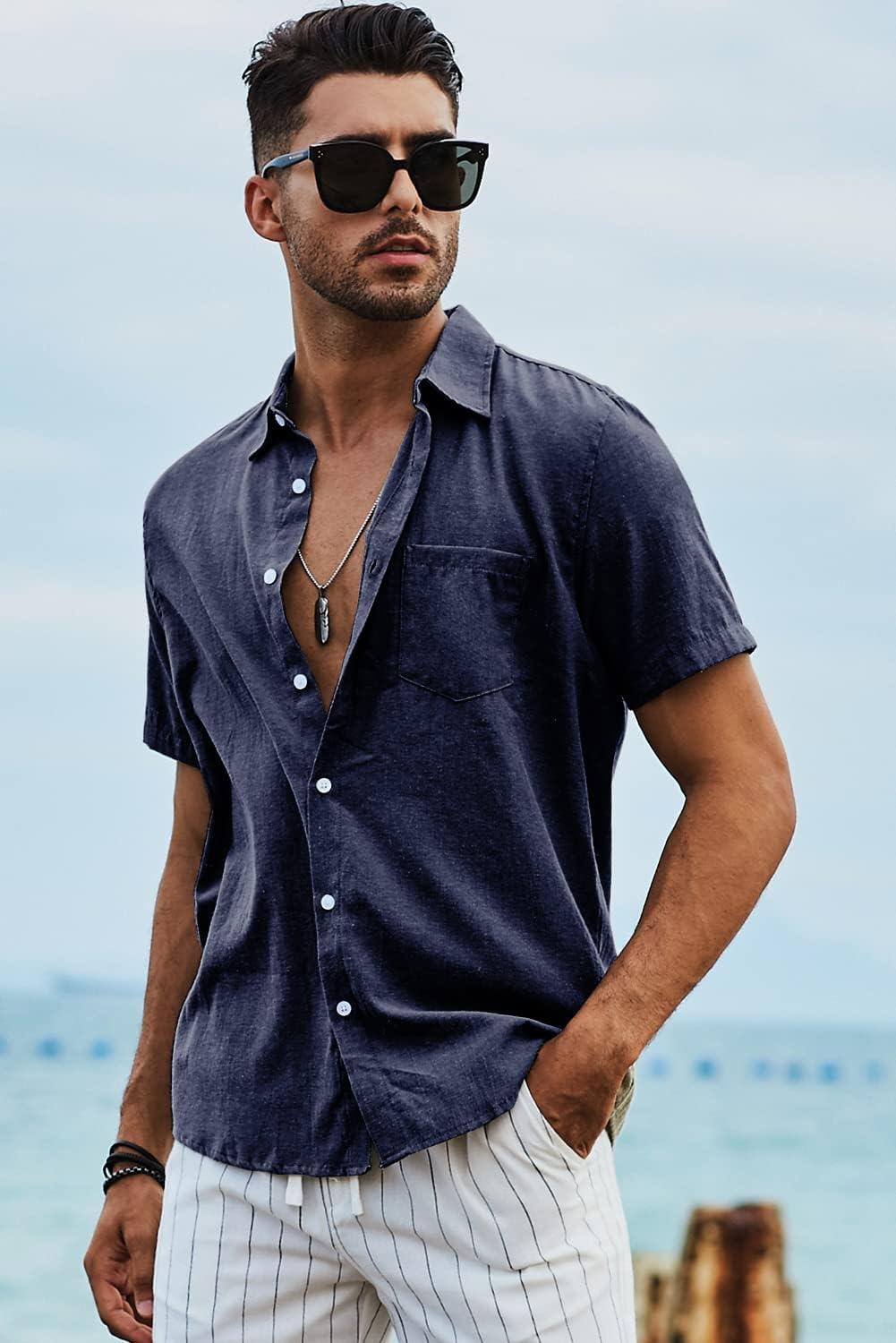 imageJMIERR Mens Casual Stylish Short Sleeve ButtonUp Striped Dress Shirts Cotton Beach ShirtDark Blue