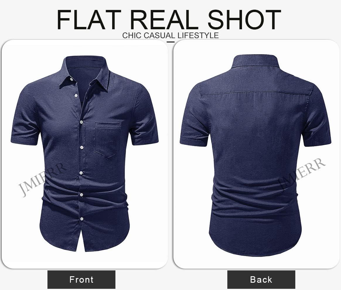 imageJMIERR Mens Casual Stylish Short Sleeve ButtonUp Striped Dress Shirts Cotton Beach ShirtDark Blue