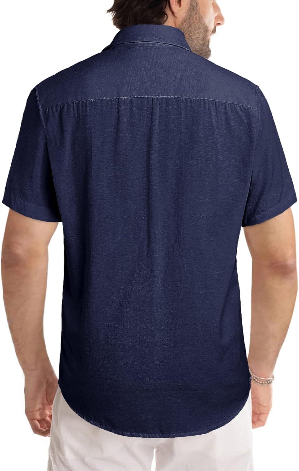 imageJMIERR Mens Casual Stylish Short Sleeve ButtonUp Striped Dress Shirts Cotton Beach ShirtDark Blue