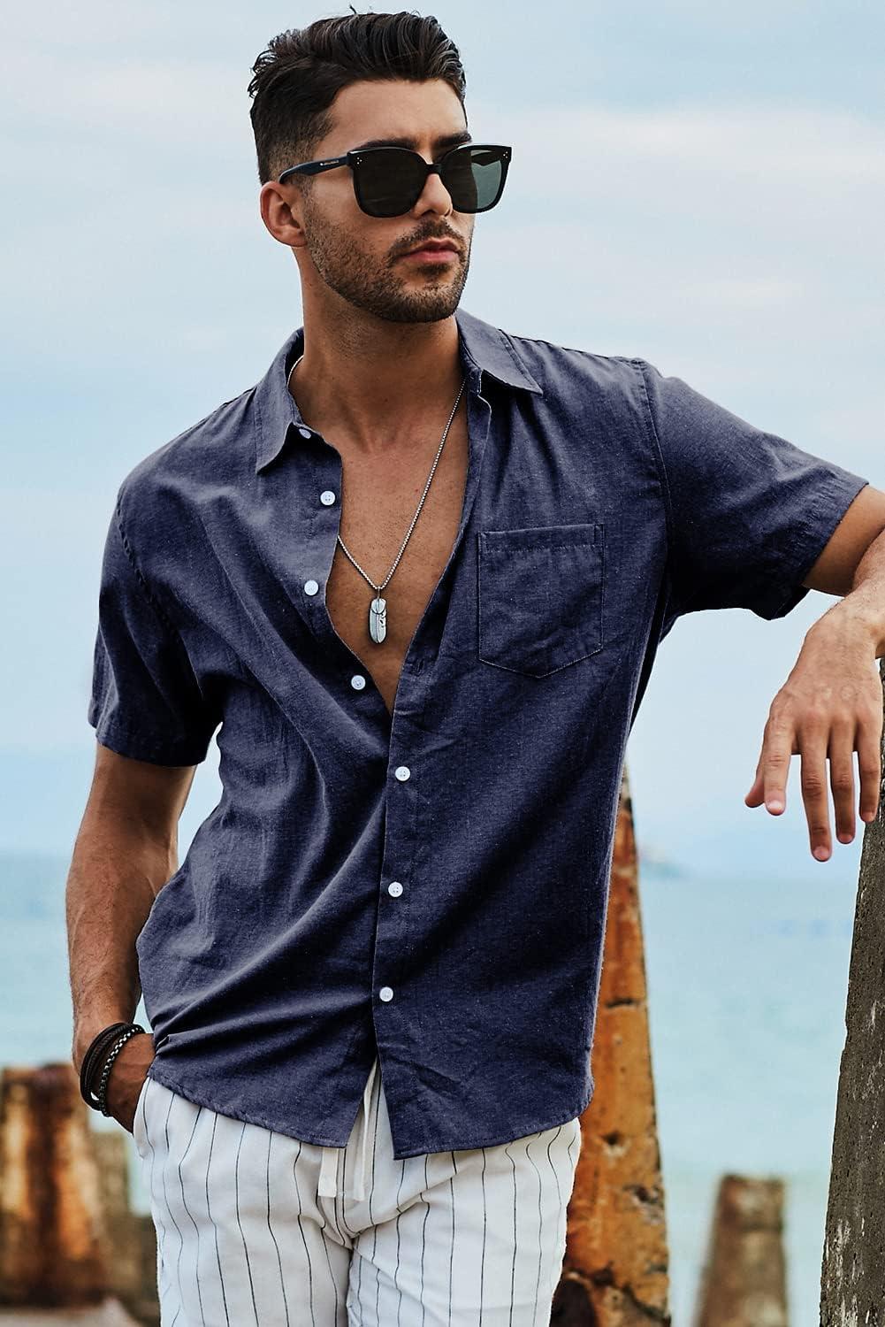 imageJMIERR Mens Casual Stylish Short Sleeve ButtonUp Striped Dress Shirts Cotton Beach ShirtDark Blue