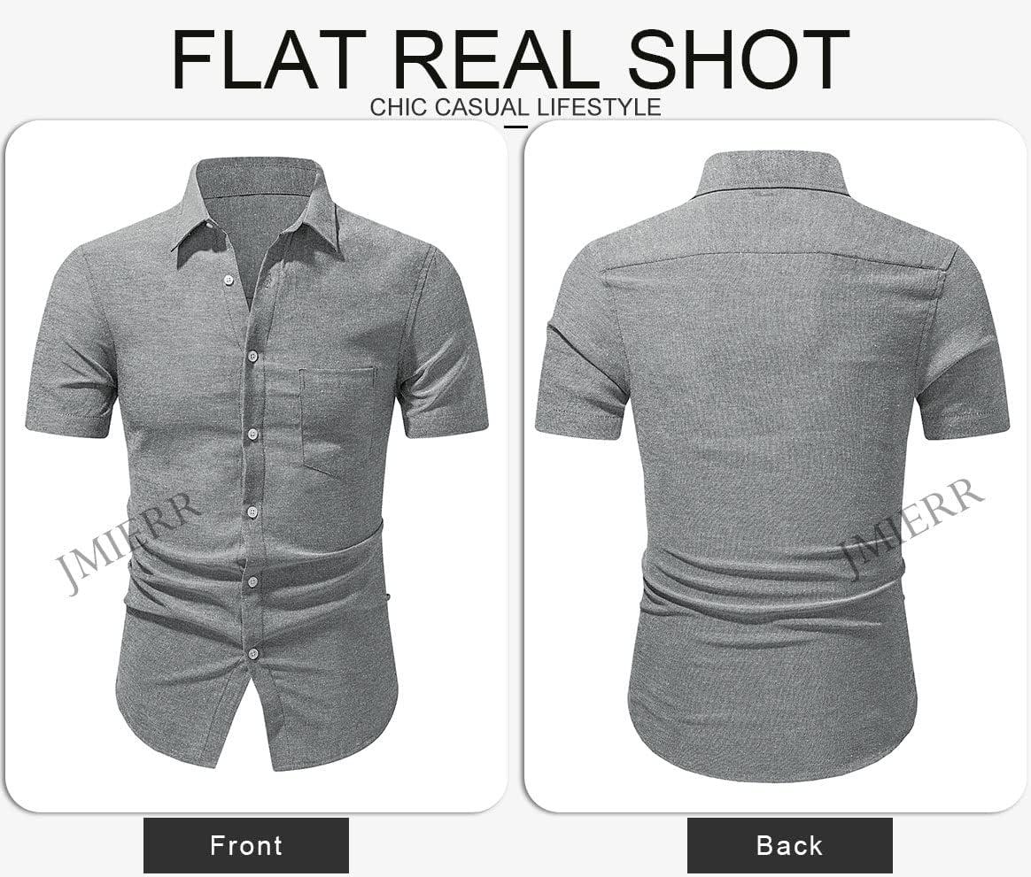 imageJMIERR Mens Casual Stylish Short Sleeve ButtonUp Striped Dress Shirts Cotton Beach ShirtDark Grey